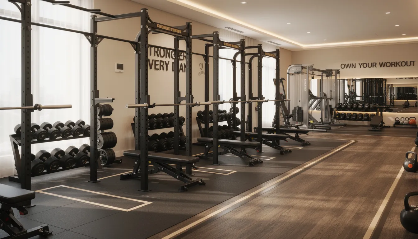 The image showcases a modern boutique fitness gym with sleek, updated equipment organized in distinct sections, each featuring squat racks, benches, and dumbbells, designed to inspire individuals on their fitness journey. The atmosphere is motivating, emphasizing the importance of proper form and professional guidance from personal trainers to help clients achieve their fitness goals and foster long-term health.