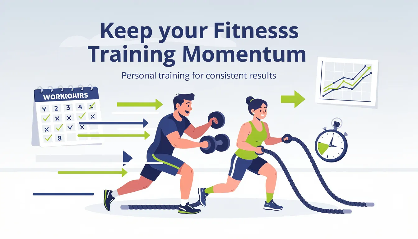 The image showcases a diverse group of individuals engaged in various fitness activities, such as strength training, yoga, and cardio workouts, symbolizing their commitment to maintaining fitness momentum. They are supported by a personal trainer, emphasizing the importance of expert guidance on their fitness journey to achieve their goals and stay motivated.