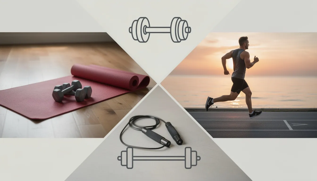 The image features a serene sunset scene with a person running on a paved track alongside the ocean on the right. On the left, a line-drawn set of dumbbells contrasts with a hardwood floor studio displaying a red yoga mat and plastic-covered dumbbells, while the bottom showcases a jump rope on the floor alongside a thin line barbell, symbolizing various aspects of a fitness journey and the importance of setting realistic fitness goals.