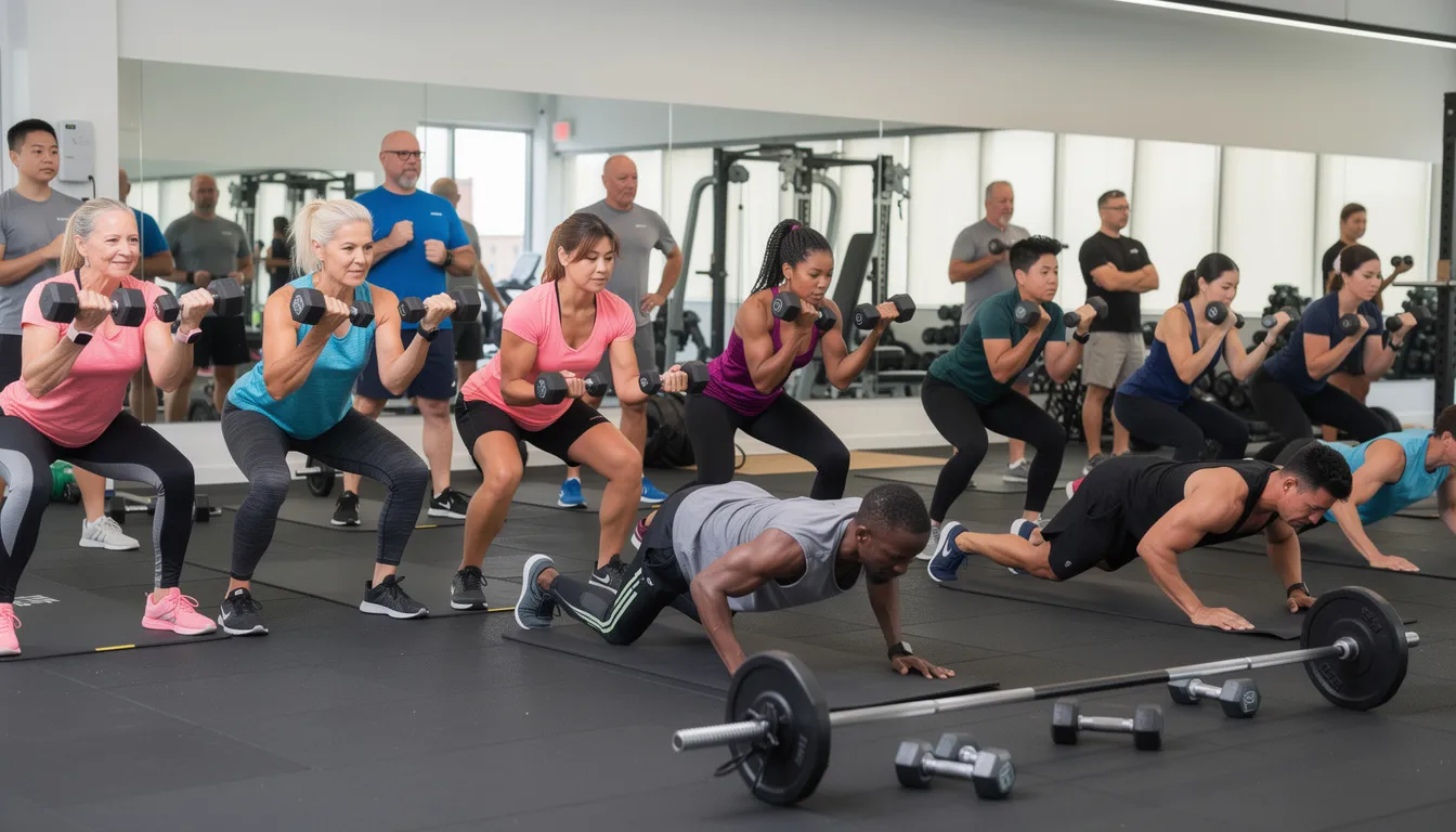 The image depicts a diverse group of individuals aged 35 and over engaged in a strength training class, featuring women prominently. Participants are performing various exercises like isometric squats, lunges, and push-ups, surrounded by dumbbells and barbells on the floor, showcasing a supportive and motivating environment typical of group fitness classes.