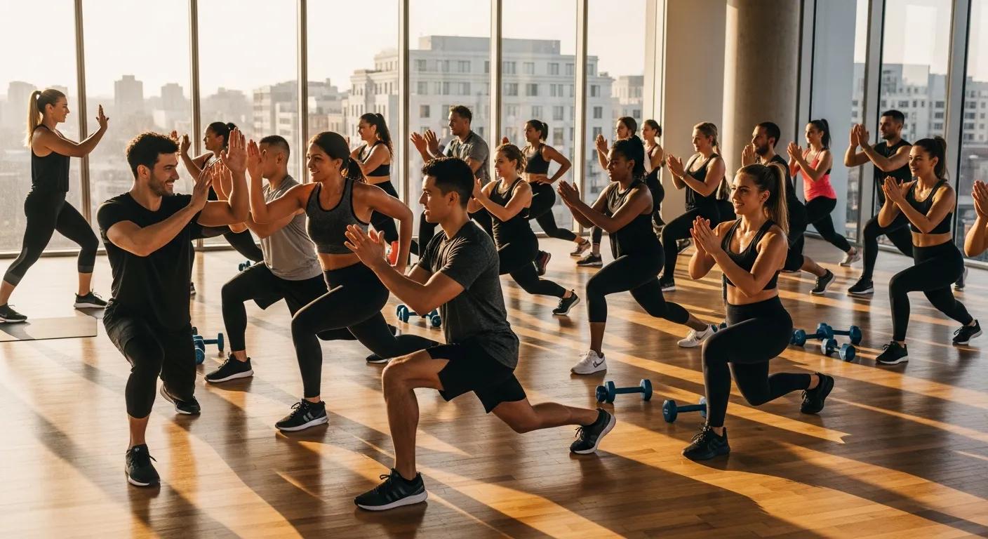 A diverse group enjoying an energetic group fitness class — connection and support in action