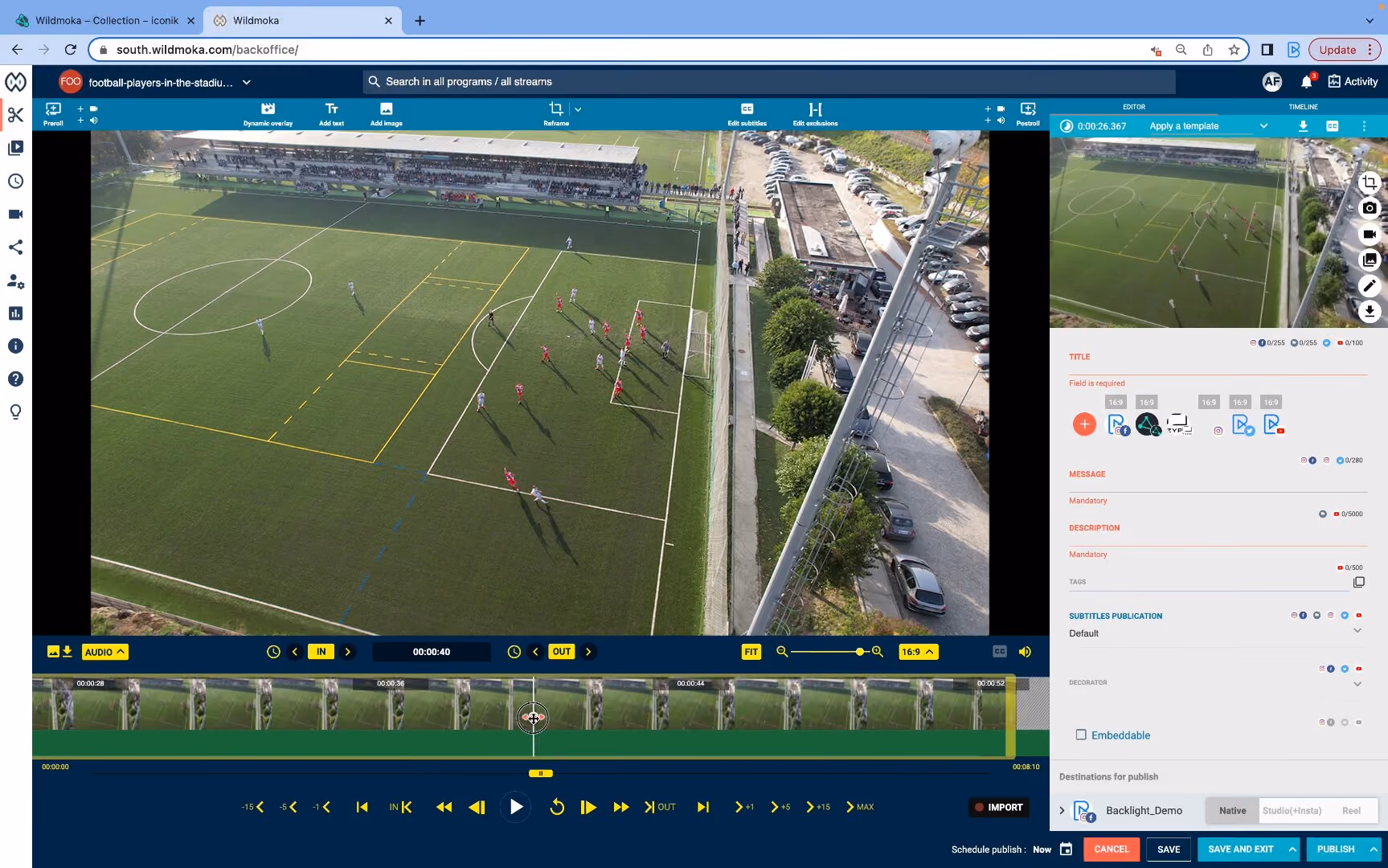Wildmoka video editor UI displaying soccer footage with a timeline and publication sidebar for social media.