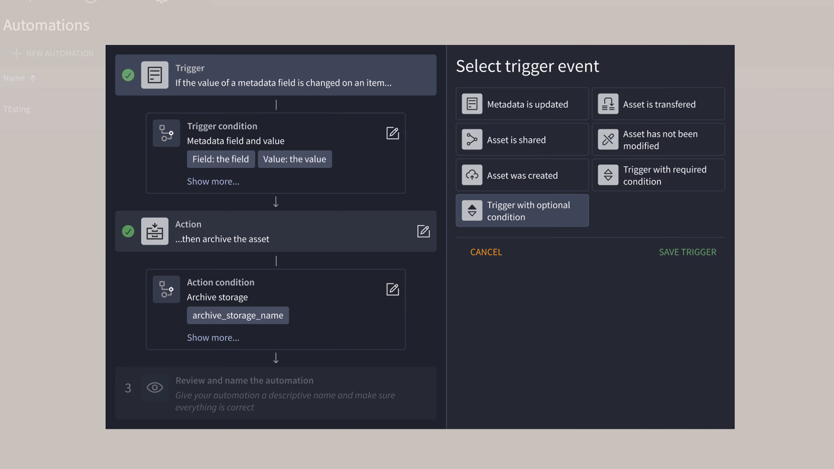 User interface for creating an automation rule, showing a metadata-based trigger leading to an archival action with a sidebar for selecting various trigger events.