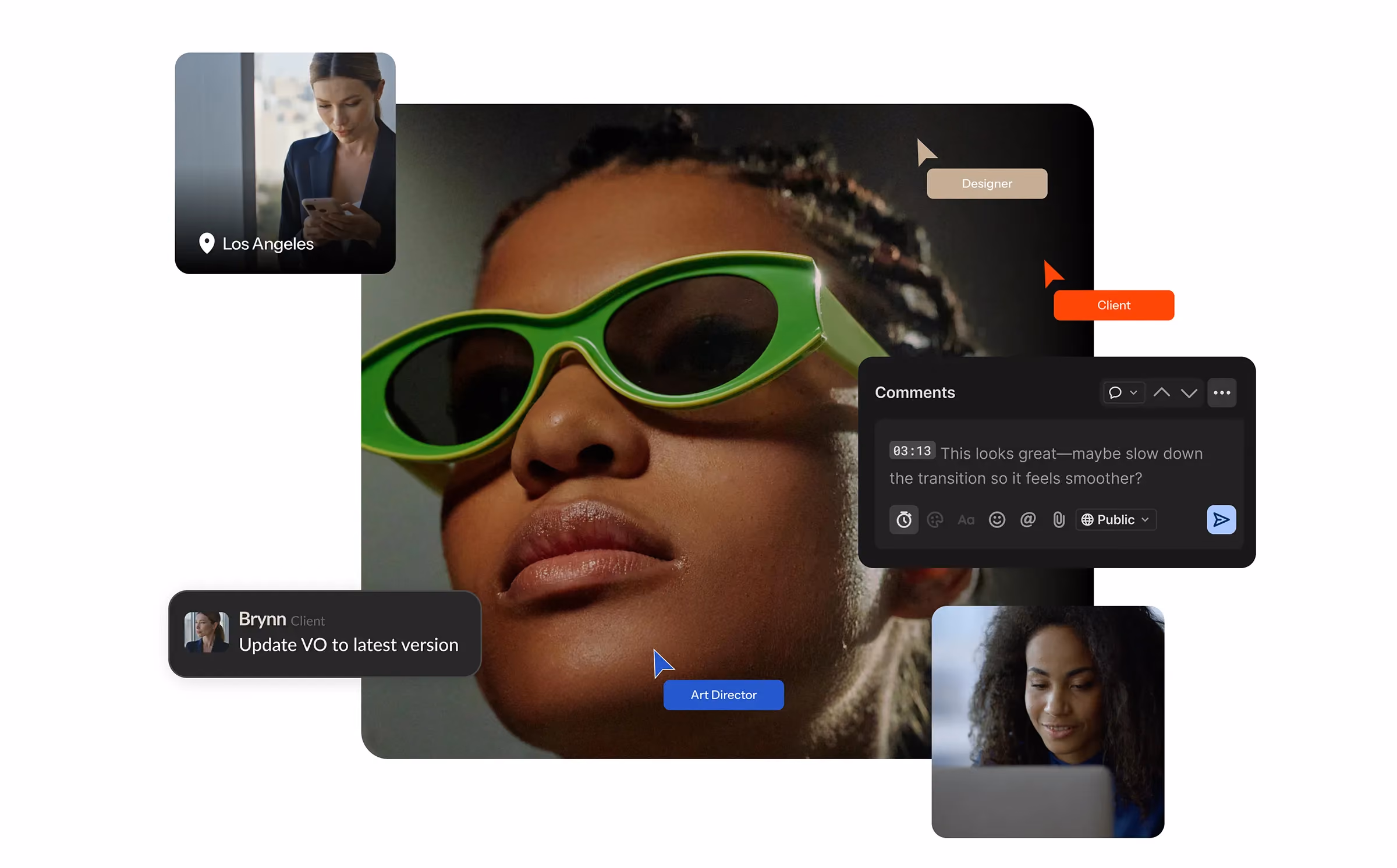 Collaborative video review interface featuring user cursors, time-stamped comments, and remote team members overlaying a video edit.