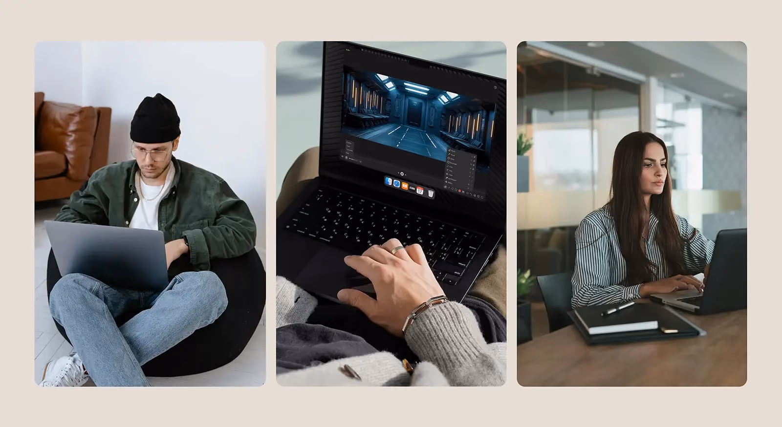 Collage of remote team members working on laptops in various settings, from a casual beanbag chair to a professional office desk.