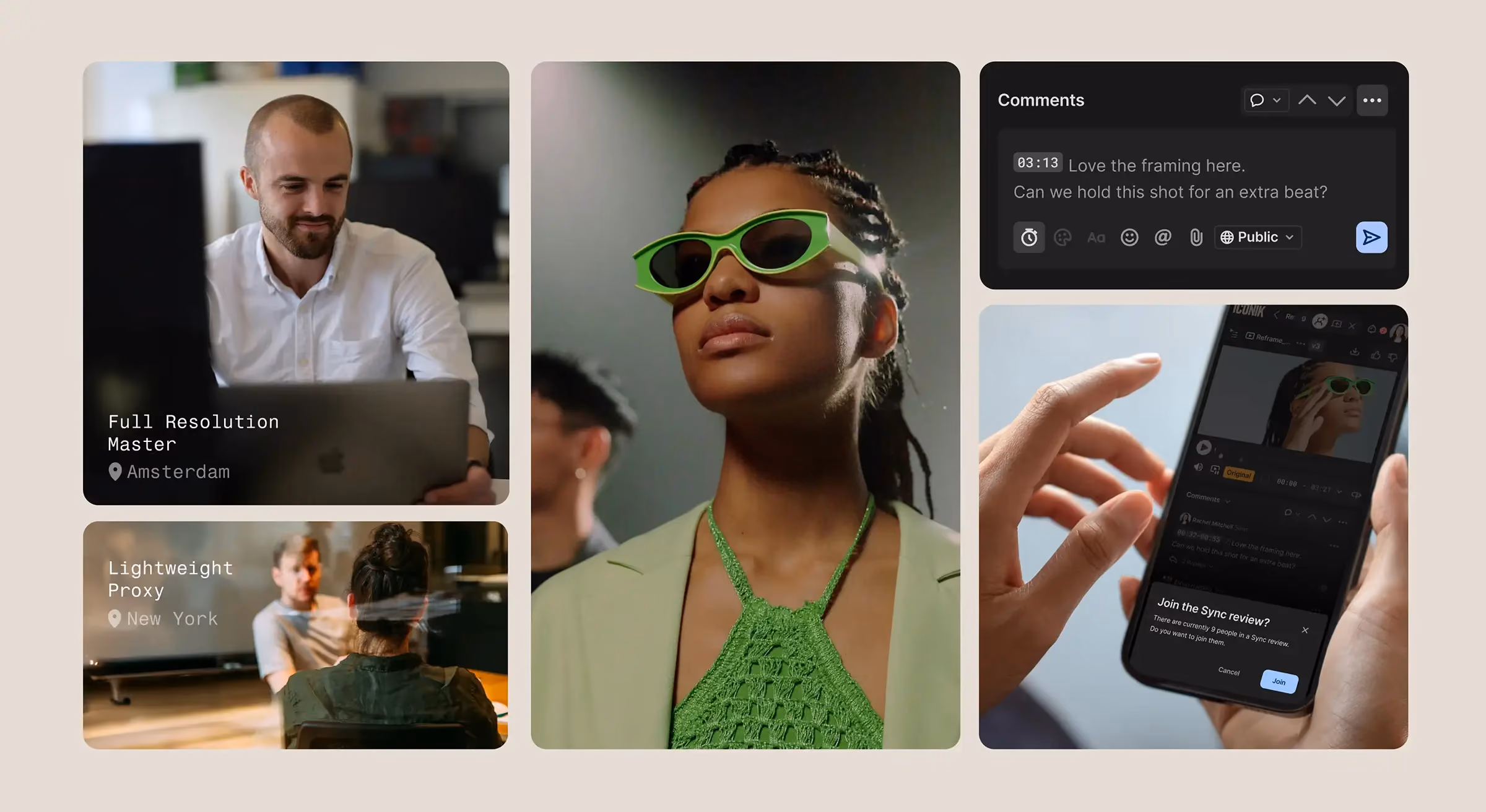 A workflow collage illustrating remote video collaboration, including master and proxy editing locations, time-stamped feedback, and a mobile sync review interface.
