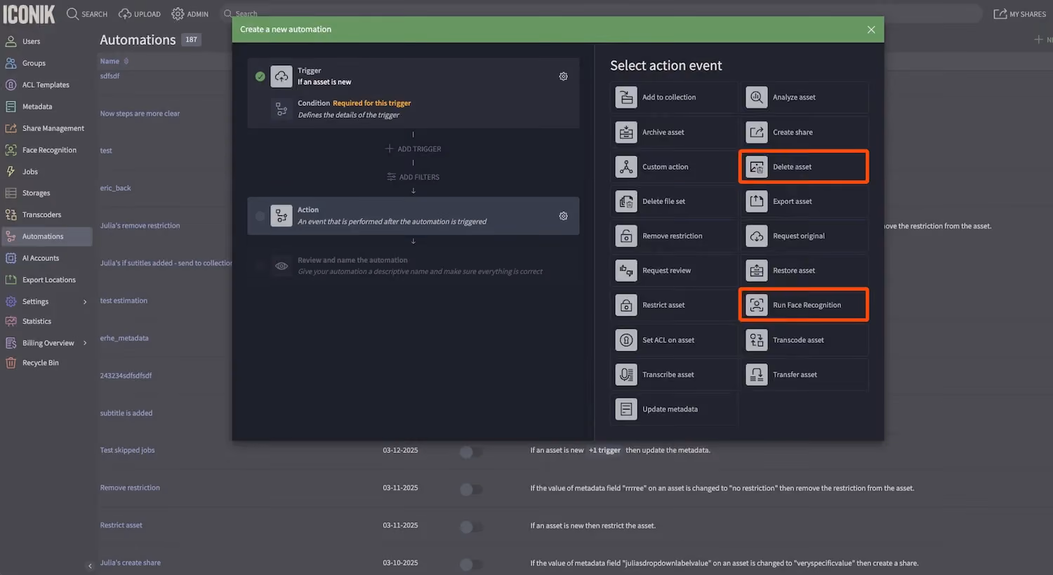 Automation builder interface showing a trigger-action workflow with 'Delete asset' and 'Run Face Recognition' highlighted.