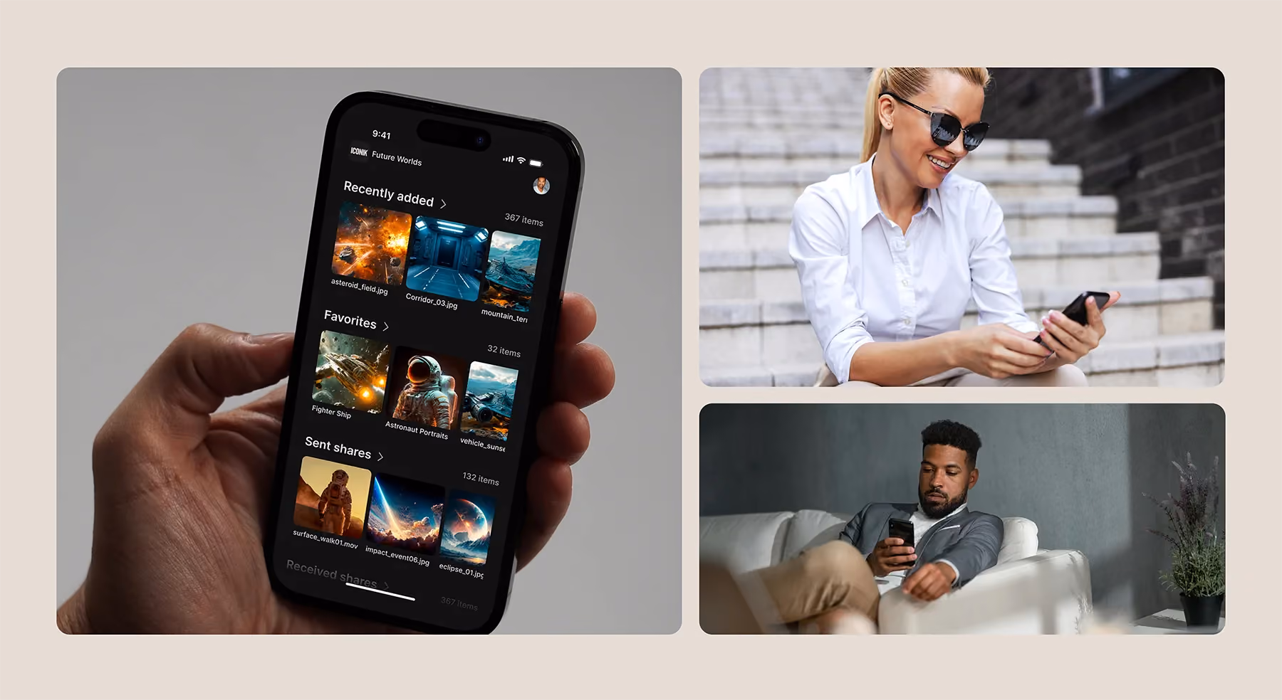 Collage showing users interacting with a mobile media management app on smartphones for remote asset review and sharing.