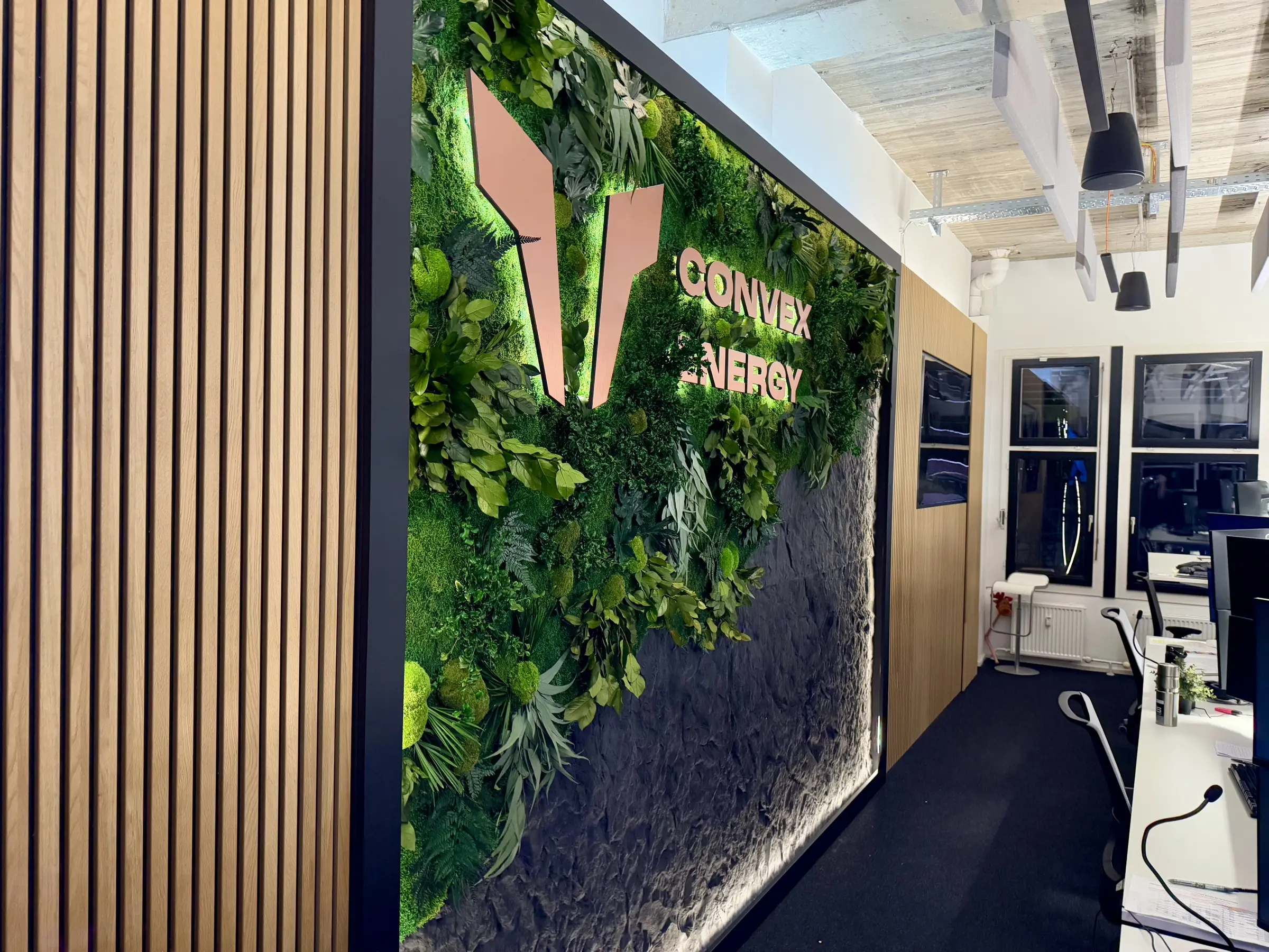 Installation mit Steinplatten und Dschungelpflanzen, einschließlich Firmenlogo und RGB-Beleuchtung über Casambi