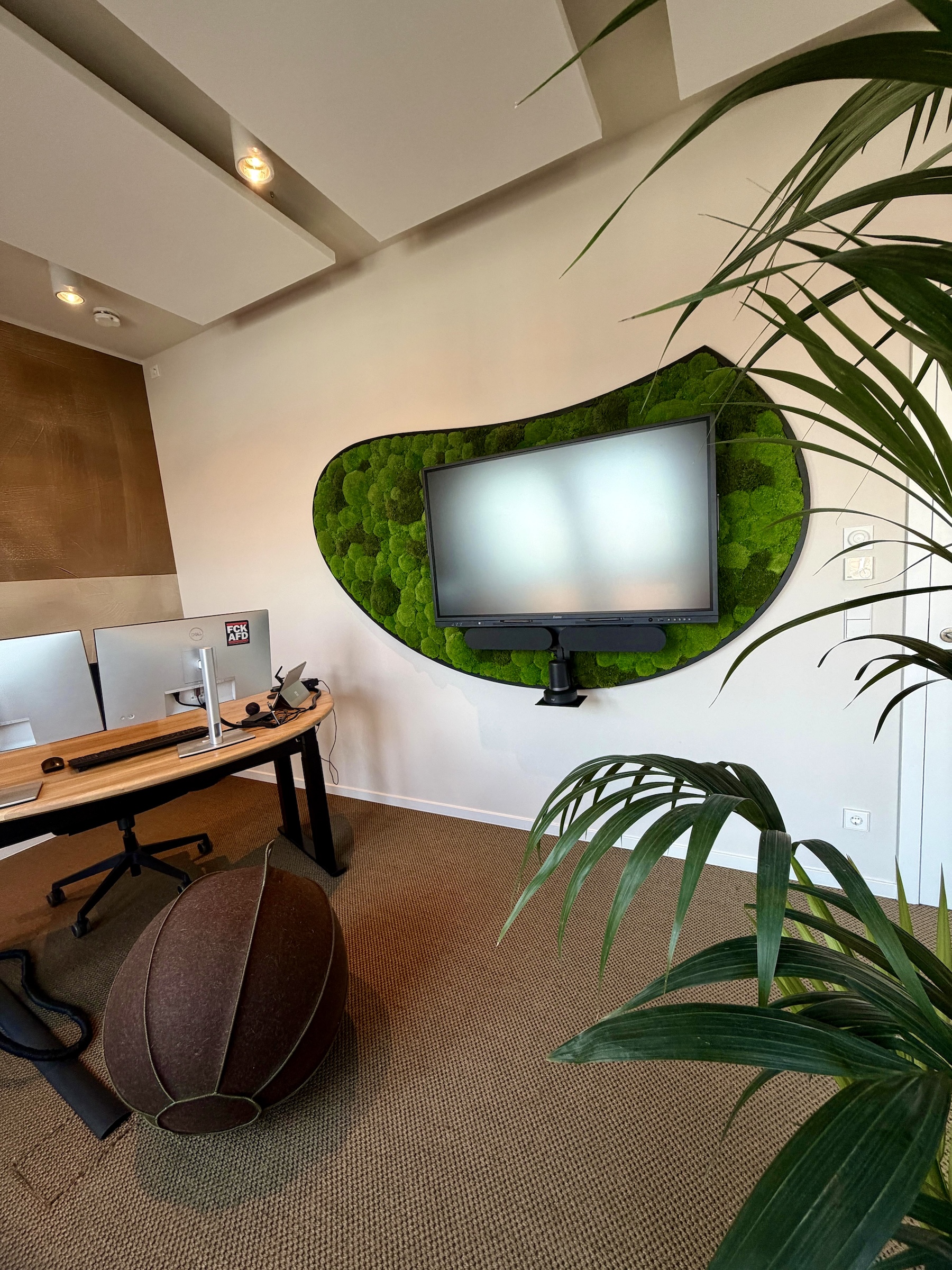 Custom CNC-milled frame with ball moss and an integrated TV mount at Büro Weißenborn