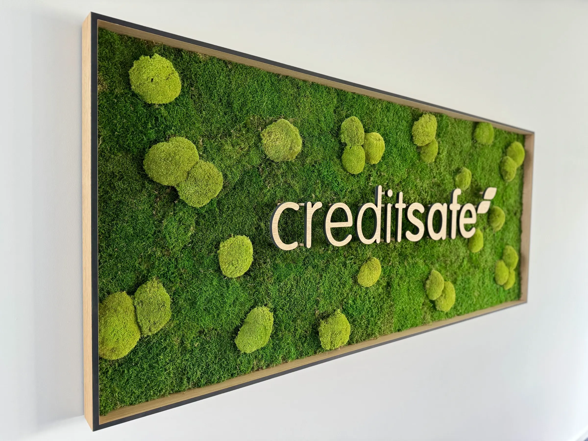 Bespoke moss mix frame with real oak veneer on all surfaces, including Creditsafe logo, finished with oil for a natural, durable look