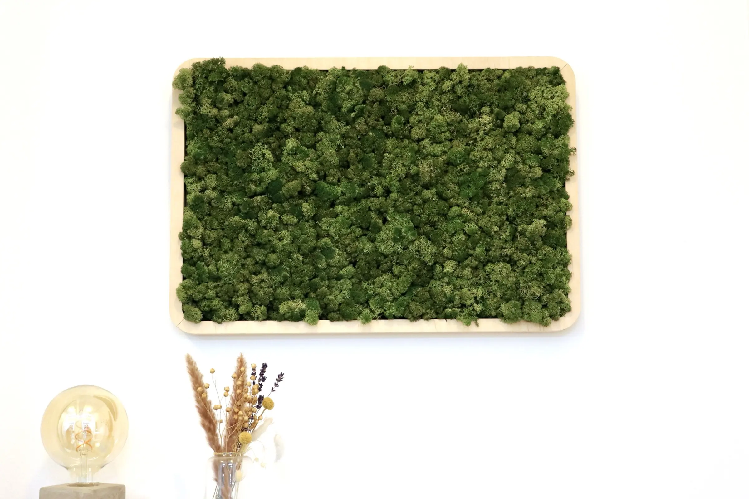 CNC-milled frame from real birch wood veneer, filled with preserved island moss for a fresh, natural green accent