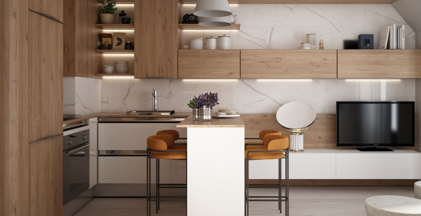 Imagen de una de las cocinas de un apartamento como ejemplo de las calidades y equipación de los apartamentos. 