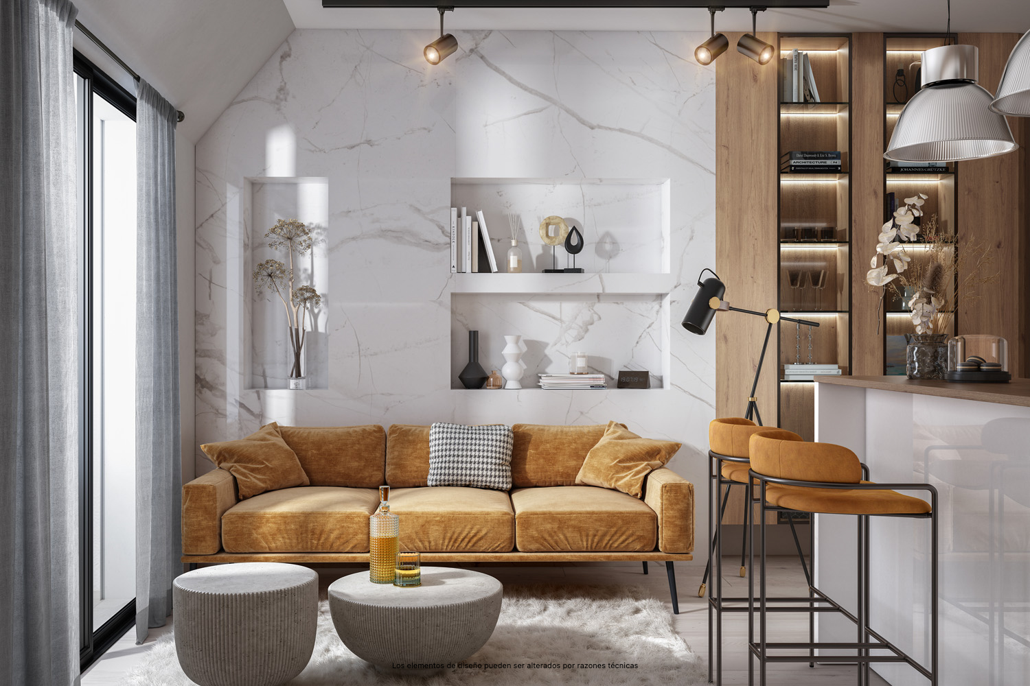 Sugerencia de presentación de la zona del salón-comedor de los Áticos de la Promoción Biznaga.