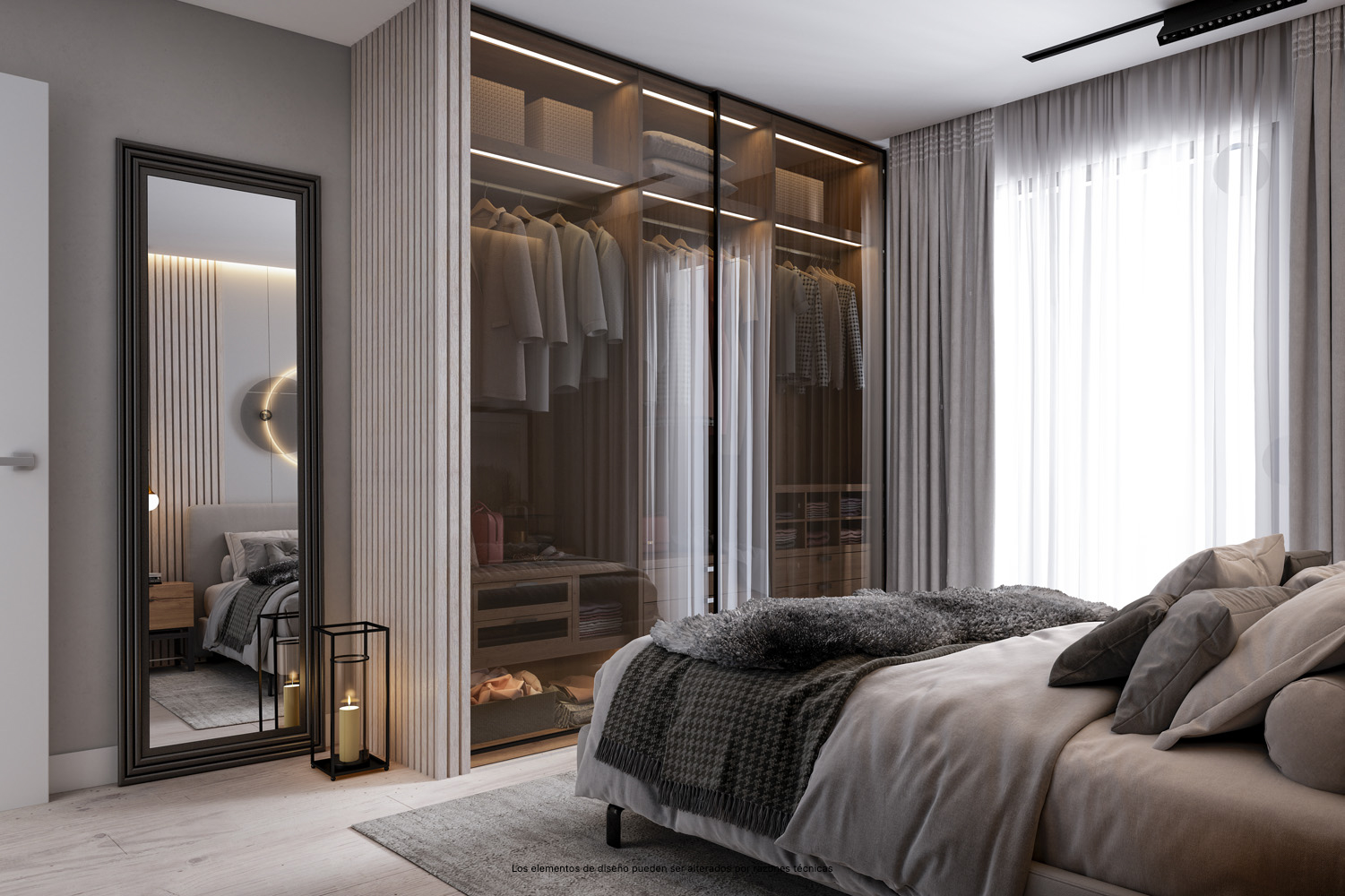 Sugerencia de presentación del dormitorio y su armario vestidor en los Áticos de la Promoción Biznaga.