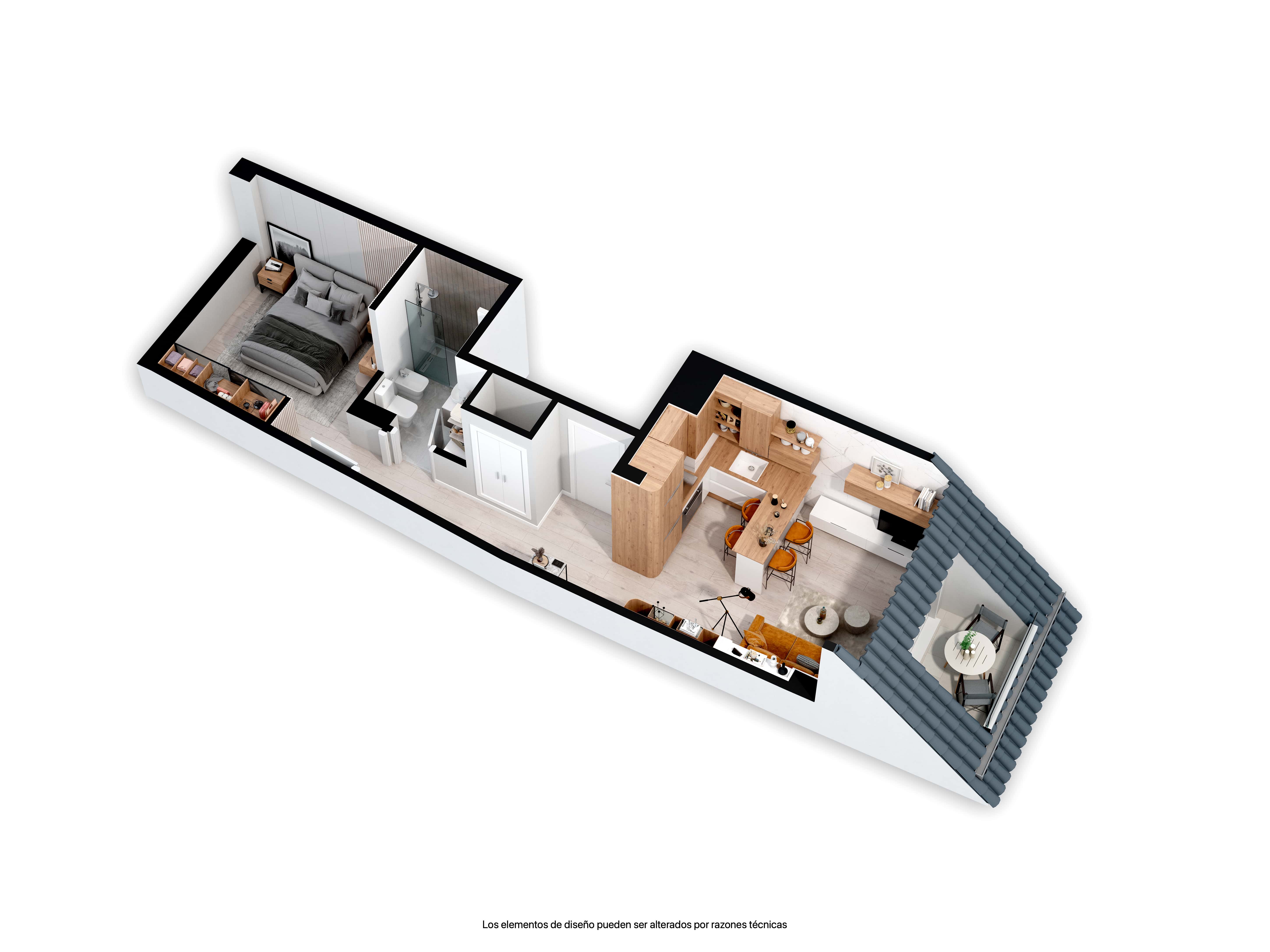 Axonometría del apartamento 2 A con la disposición de las diferentes habitaciones del apartamento.
