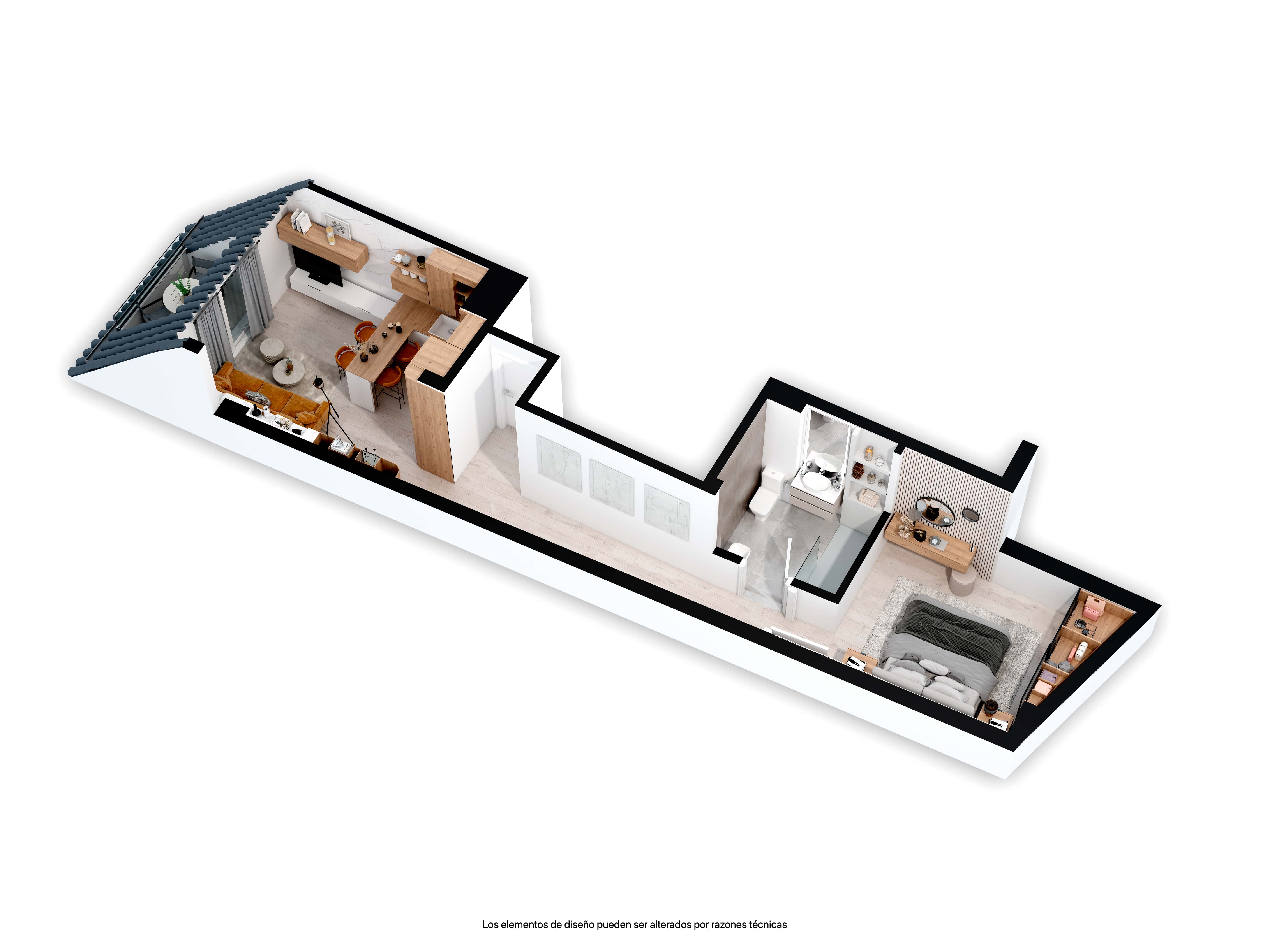 Axonometría del apartamento 2 A con la disposición de las diferentes habitaciones del apartamento.