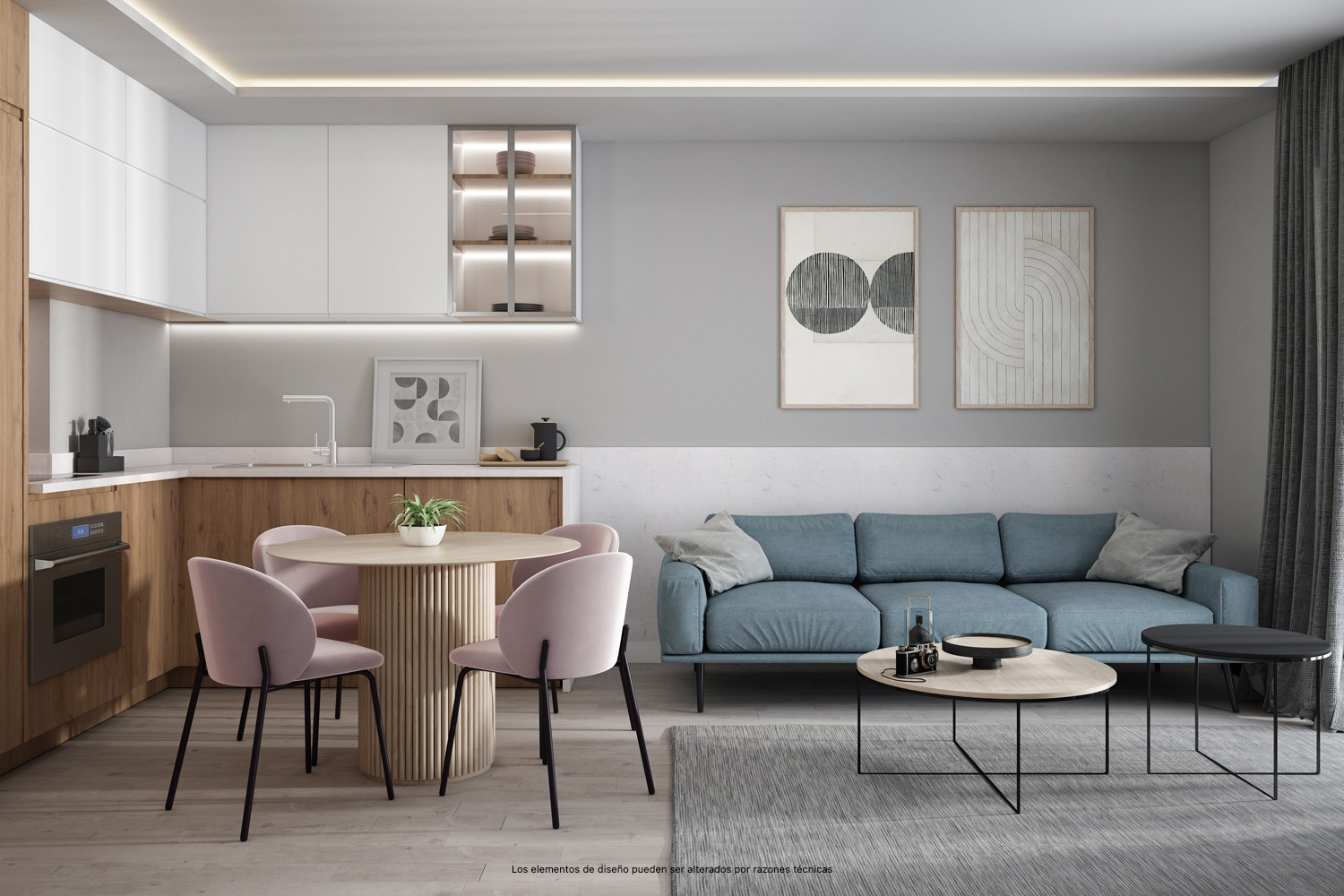 Sugerencia de presentación de la zona del salón-cocina de los apartamentos de la 1ª planta de la promoción Biznaga.