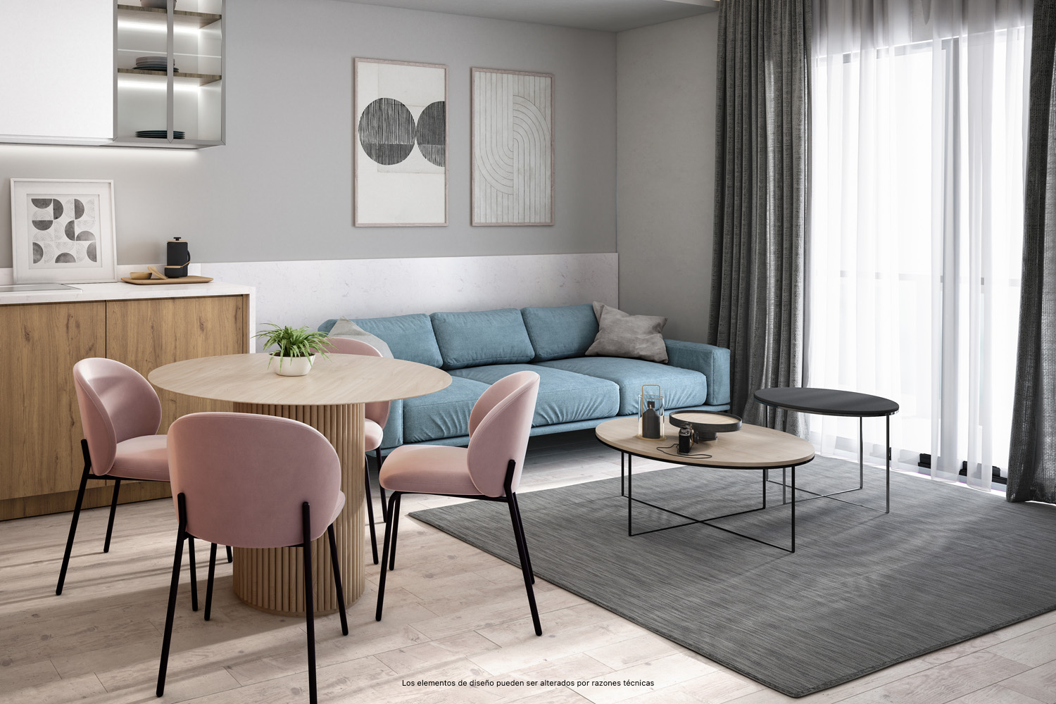 Sugerencia de presentación de la zona del salón-cocina de los apartamentos de la 1ª planta de la promoción Biznaga.