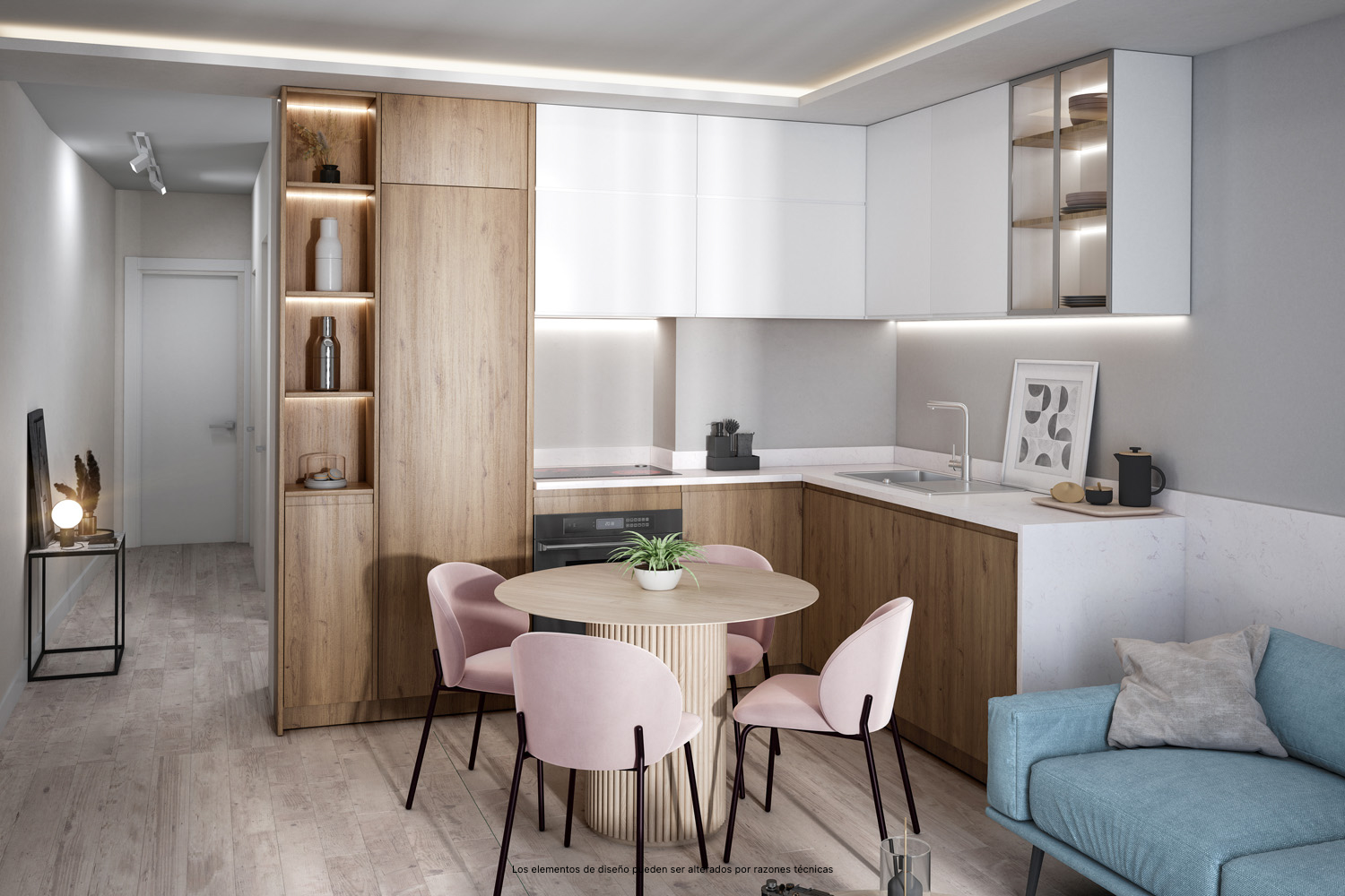 Sugerencia de presentación de la zona del salón-cocina de los apartamentos de la 1ª planta de la promoción Biznaga.