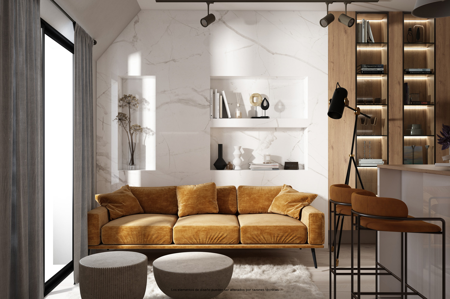 Sugerencia de presentación de la zona del salón de los apartamentos de la 2ª planta de la promoción Biznaga.