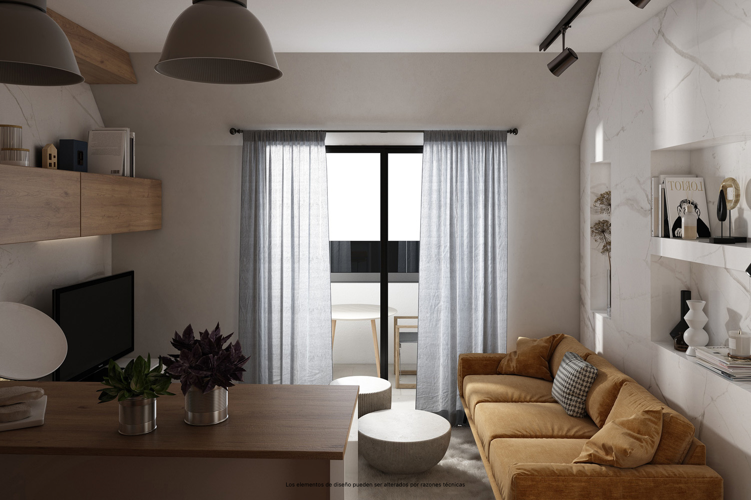 Sugerencia de presentación de la zona del salón de los apartamentos de la 2ª planta de la promoción Biznaga.