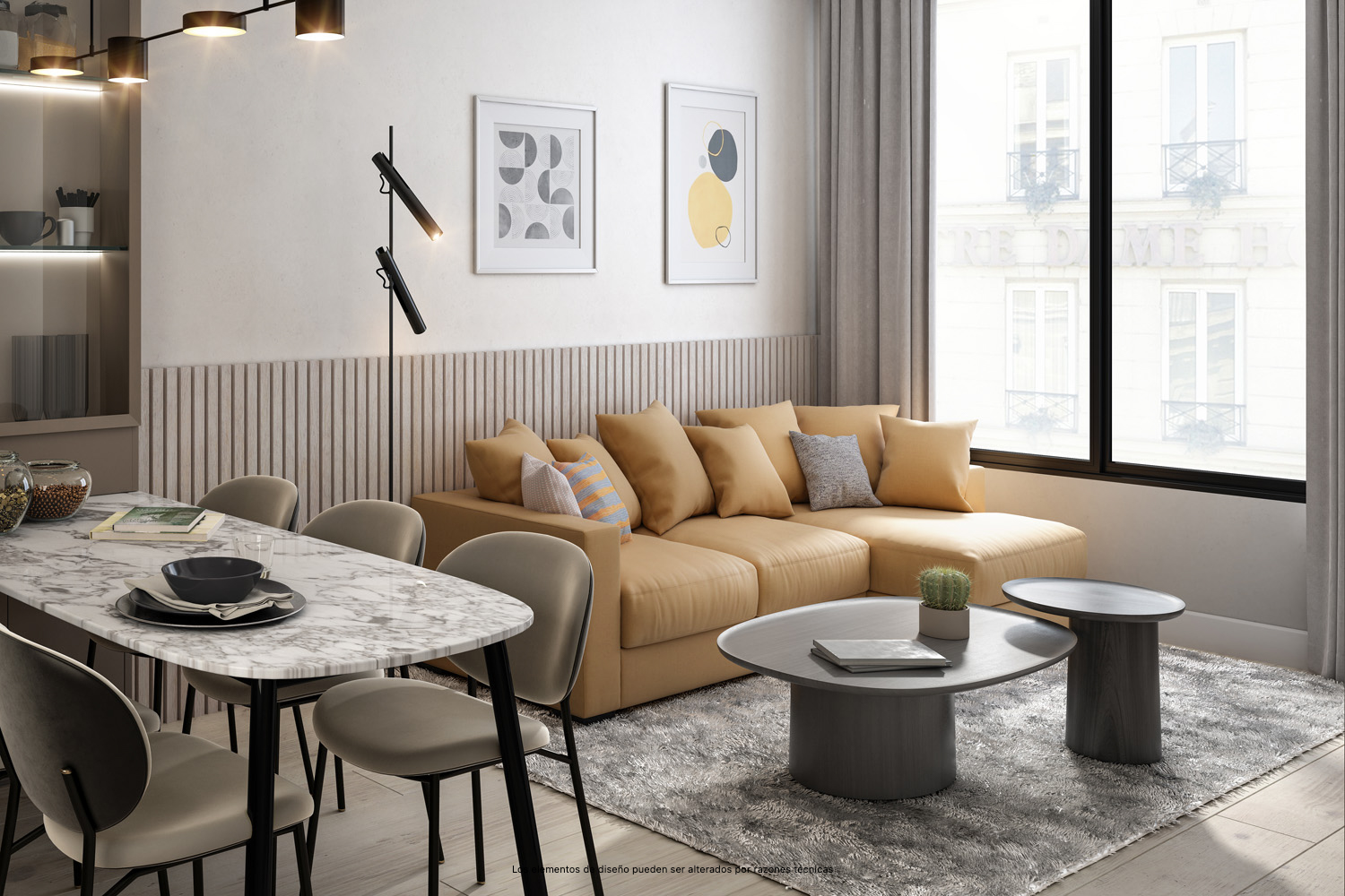 Sugerencia de presentación de la zona del salón-cocina de los apartamentos de la planta baja de la promoción Biznaga.