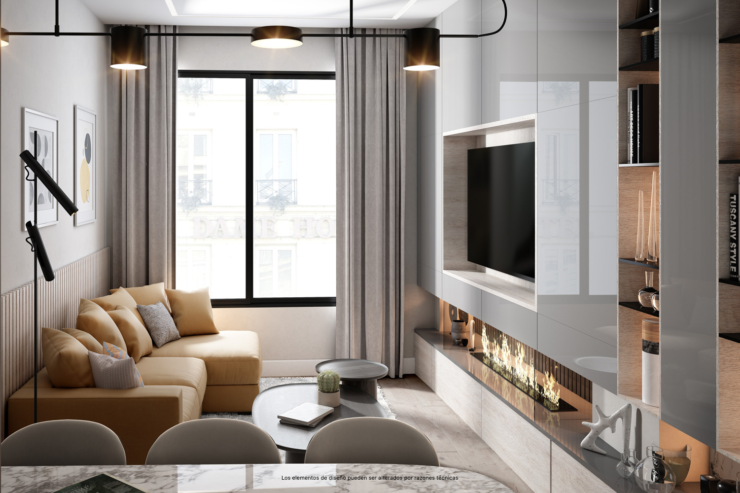 Sugerencia de presentación de la zona del salón de los apartamentos de la planta baja de la promoción Biznaga.