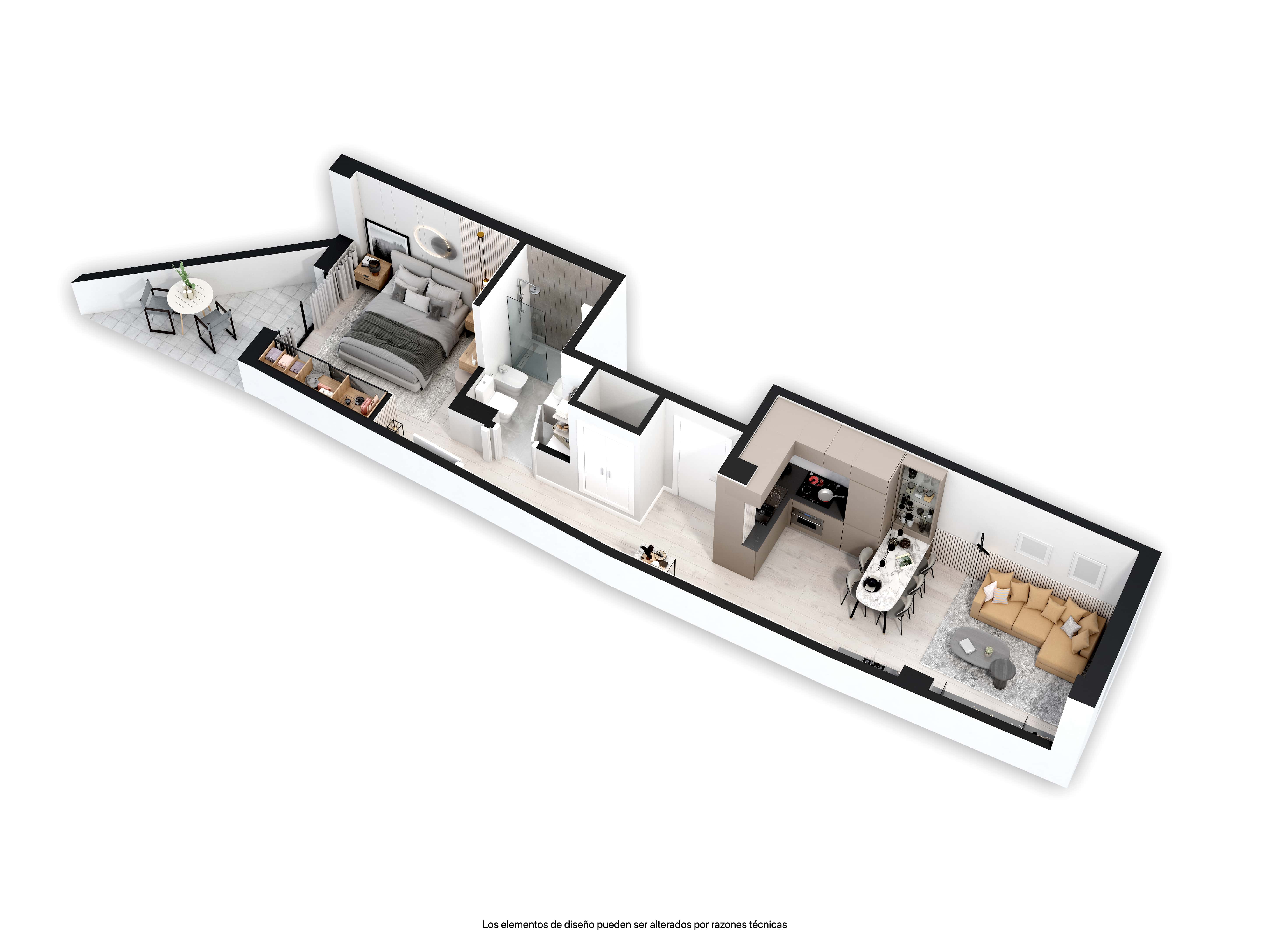 Axonometría del apartamento Bajo A con la disposición de las diferentes habitaciones del apartamento.
