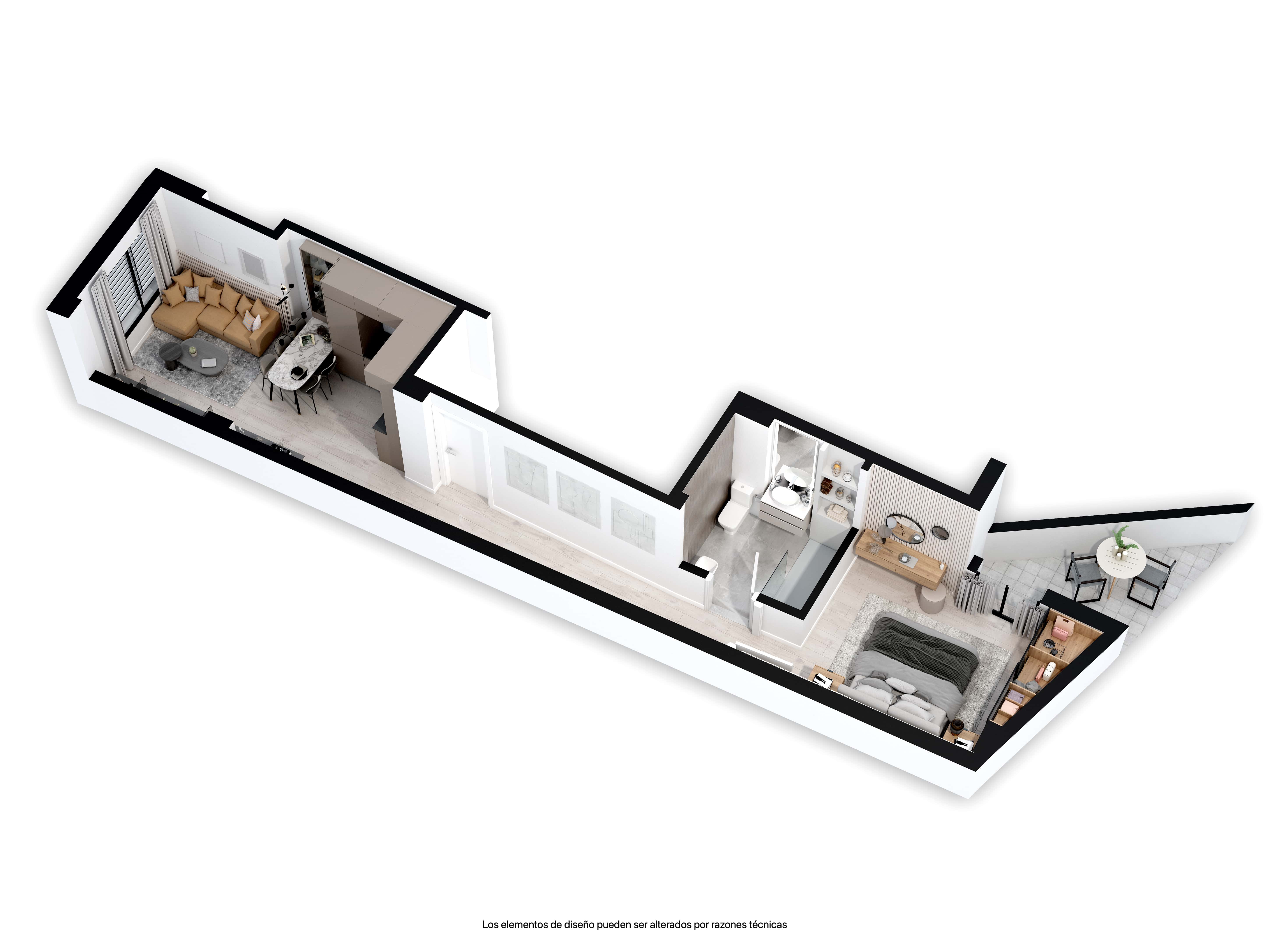Axonometría del apartamento Bajo B con la disposición de las diferentes habitaciones del apartamento.