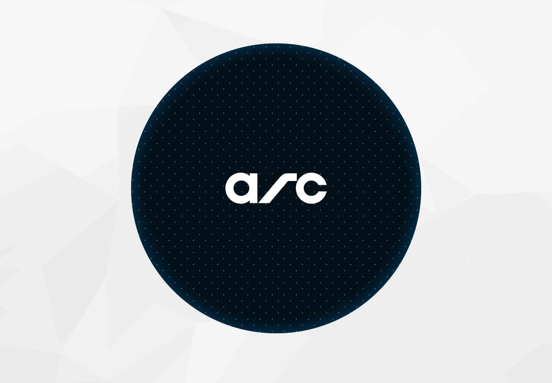Graphic with grey background and black filled circle and white text  "arc"