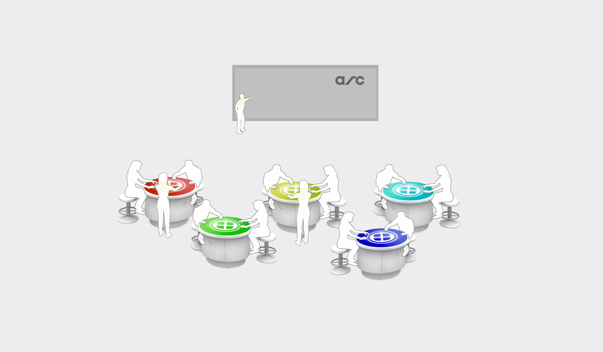 Illustration of the solution in context - person showing at the screen and people around interactive tables