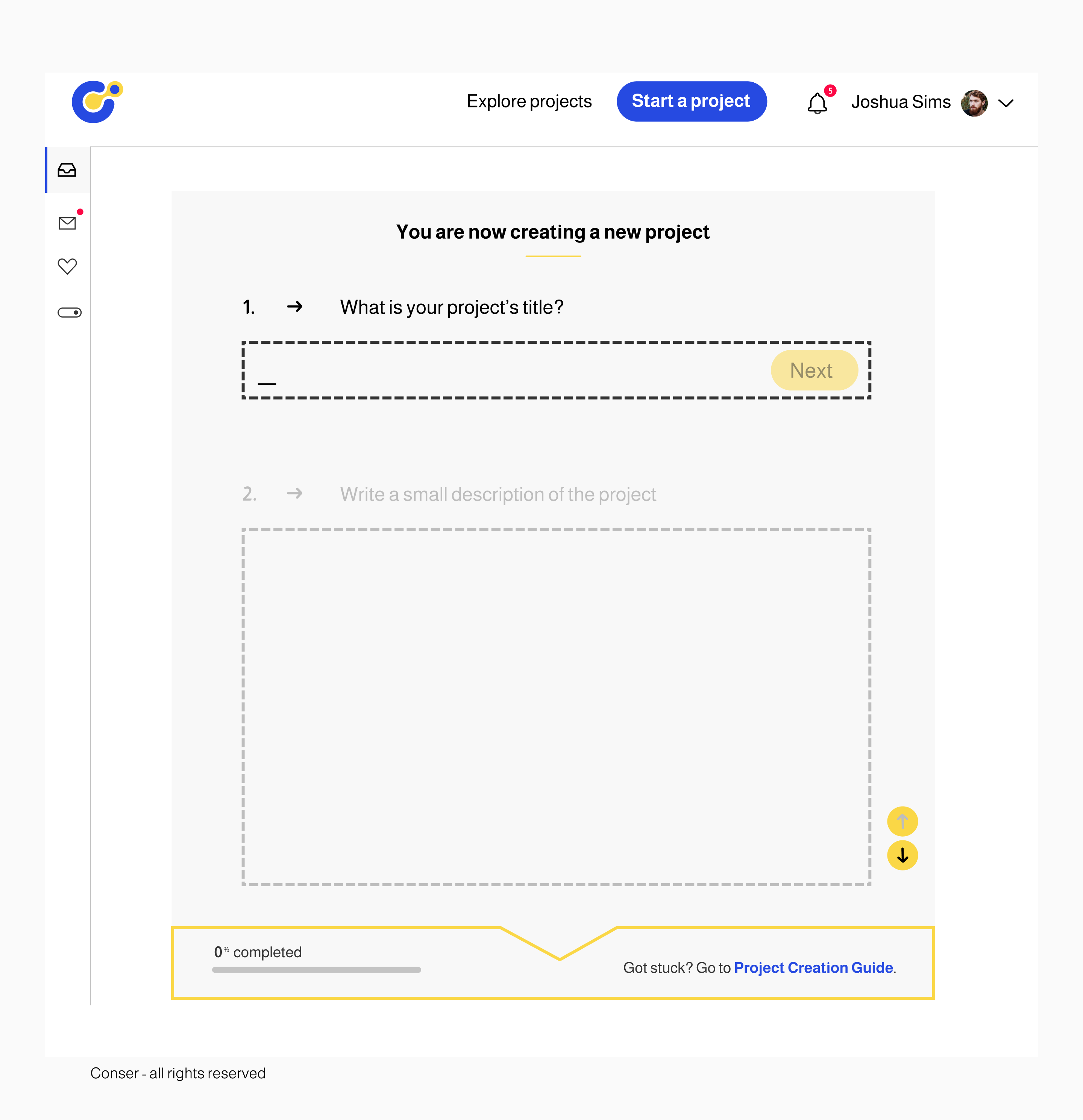 Mockup of dashboard "Setting a new project"