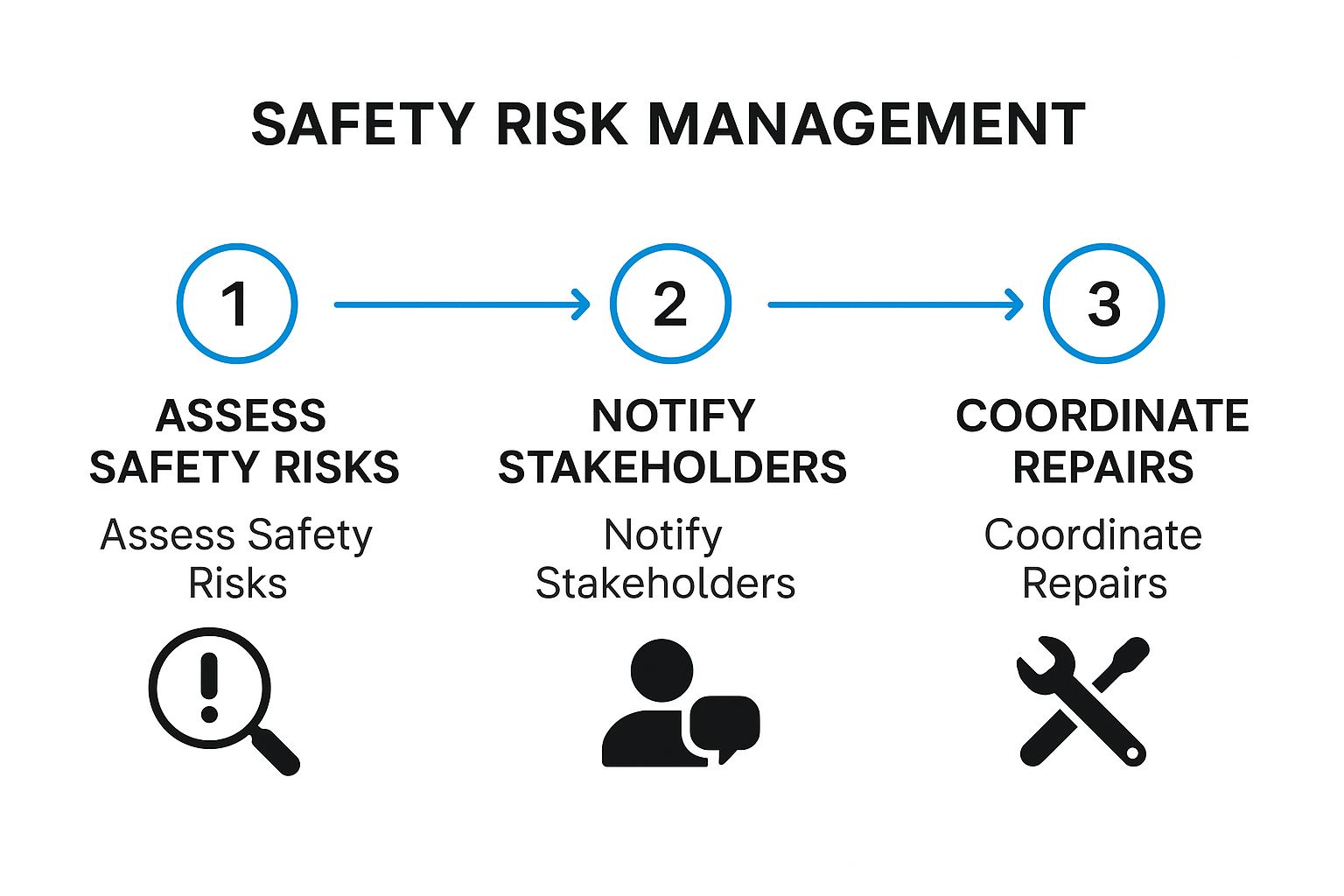 Infographic showing a three-step emergency response process: Assess Safety Risks, Notify Stakeholders, and Coordinate Repairs.