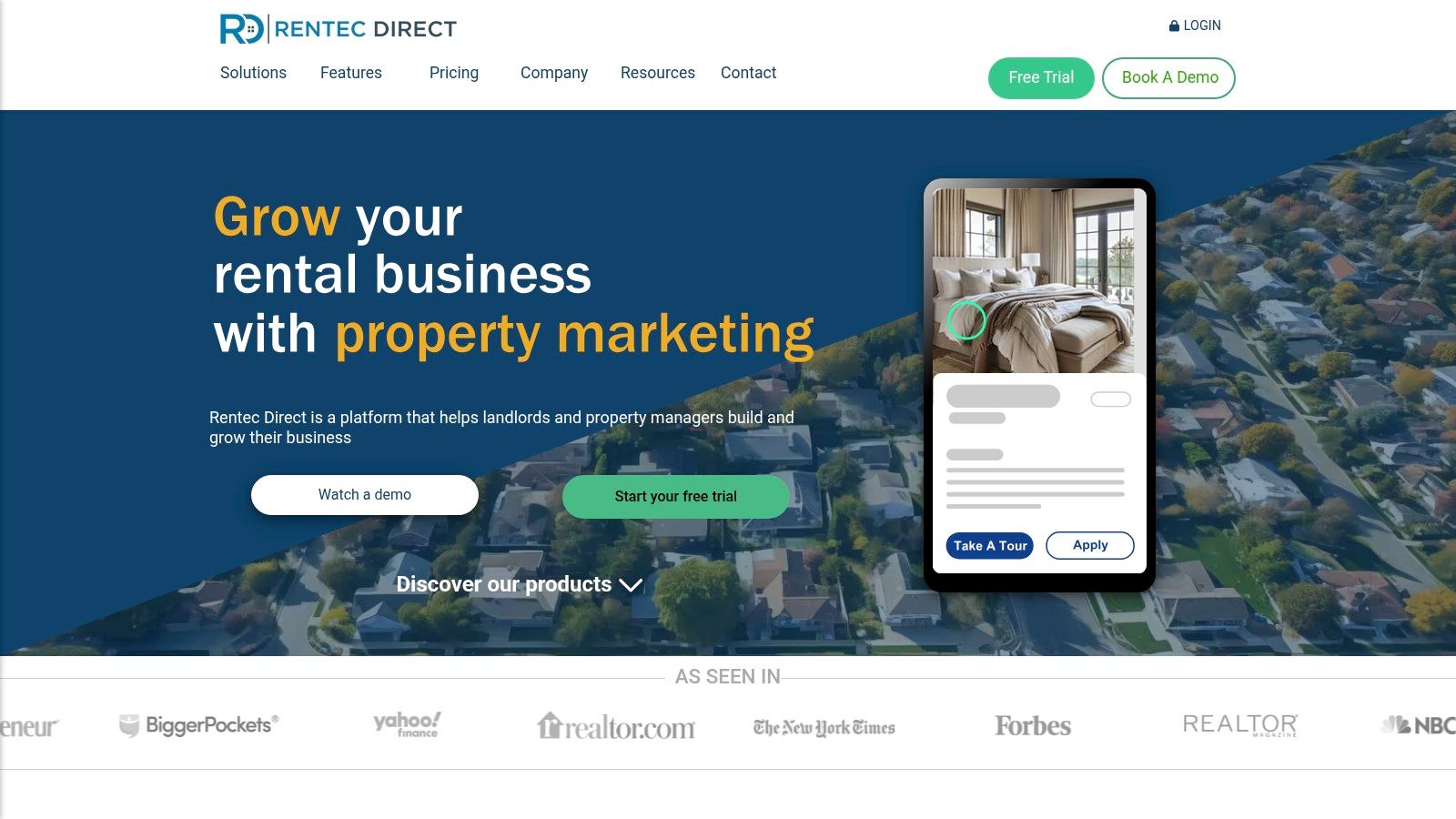 Rentec Direct dashboard showing property and tenant information.