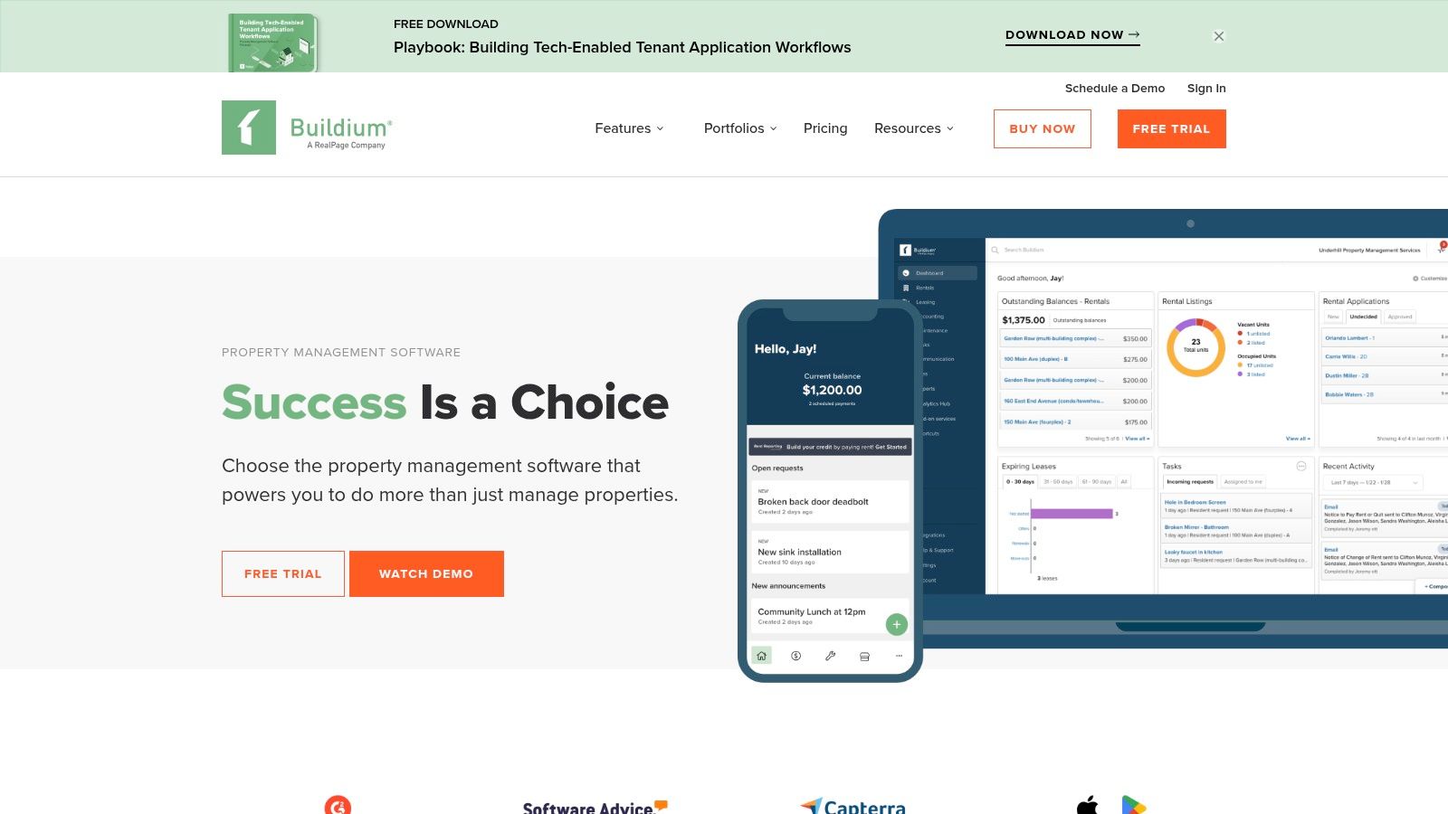 Buildium dashboard interface showing financial overview and tasks.
