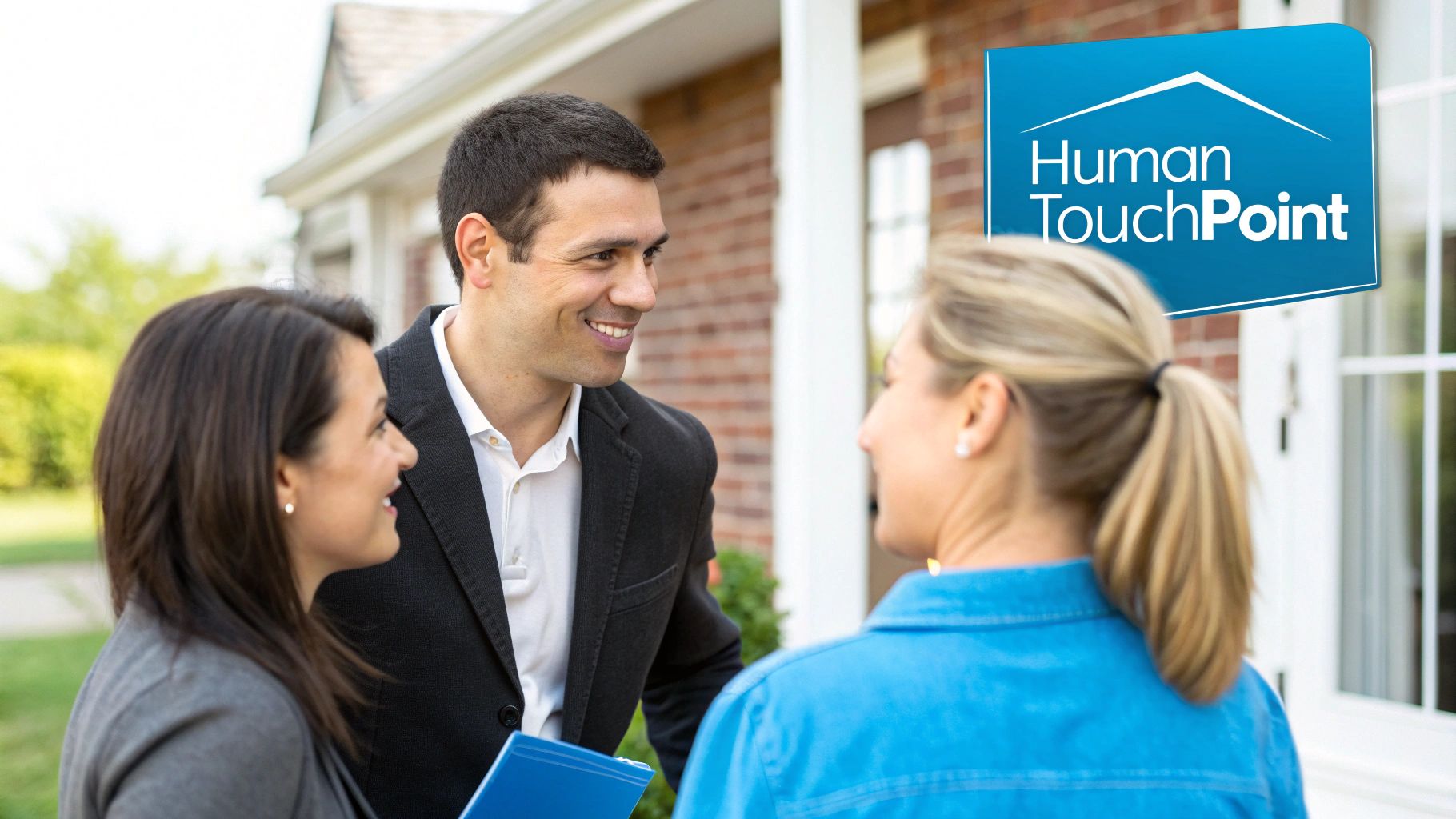 A smiling part-time leasing agent handing keys to new tenants in front of a modern single-family rental home.