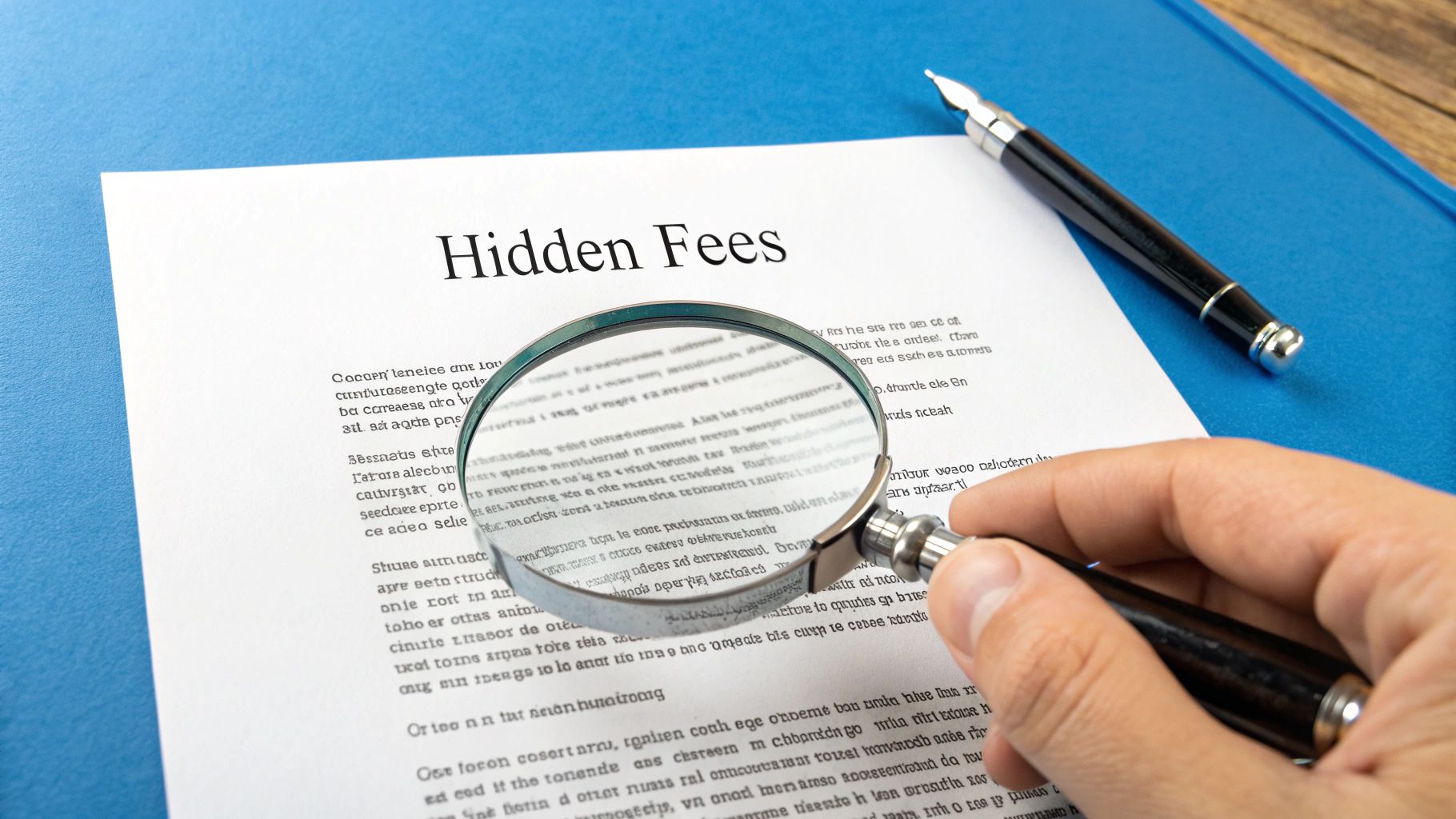  magnifying glass hovering over a contract to represent uncovering hidden fees.