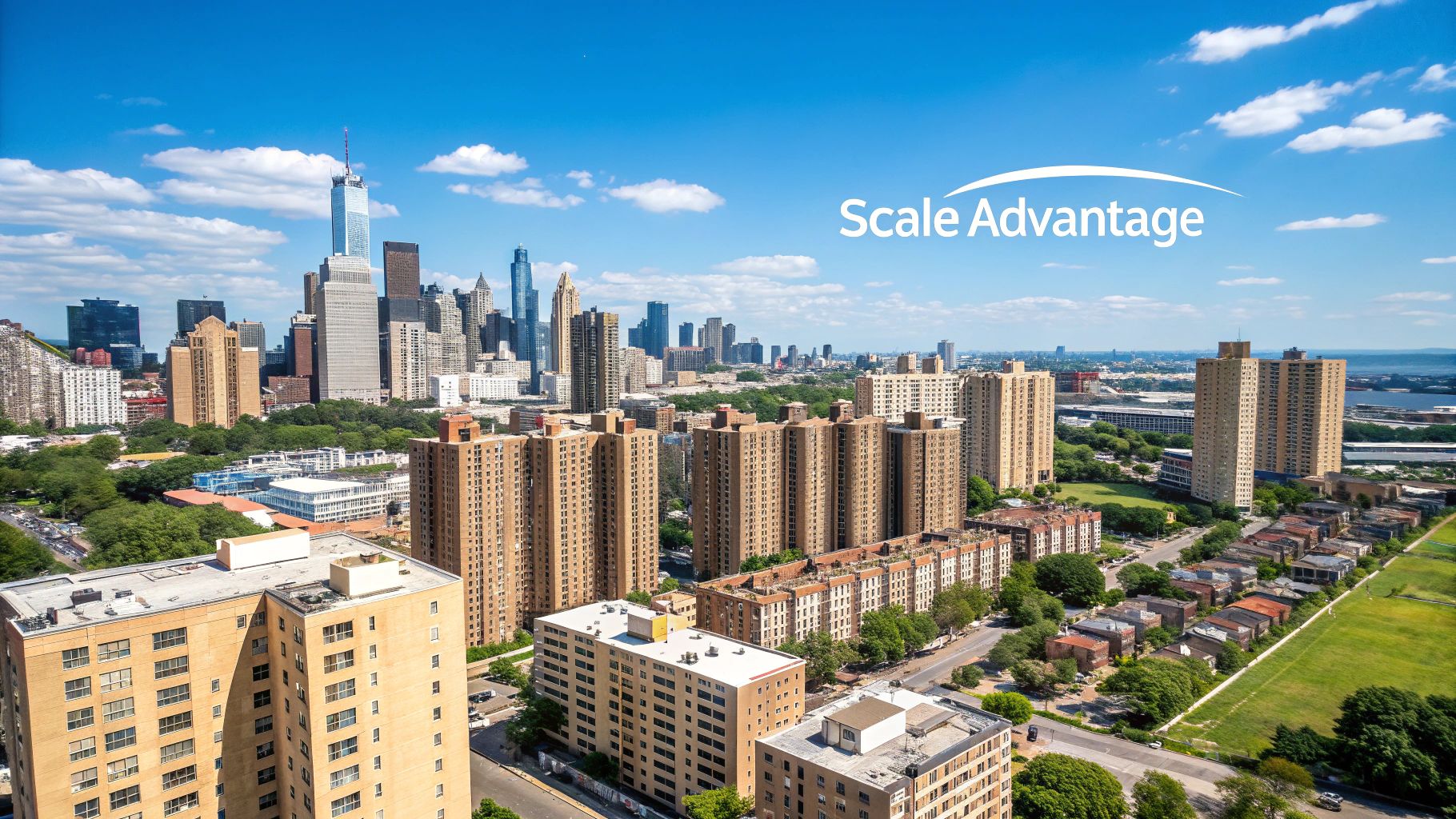 Cityscape view showing a large portfolio of properties