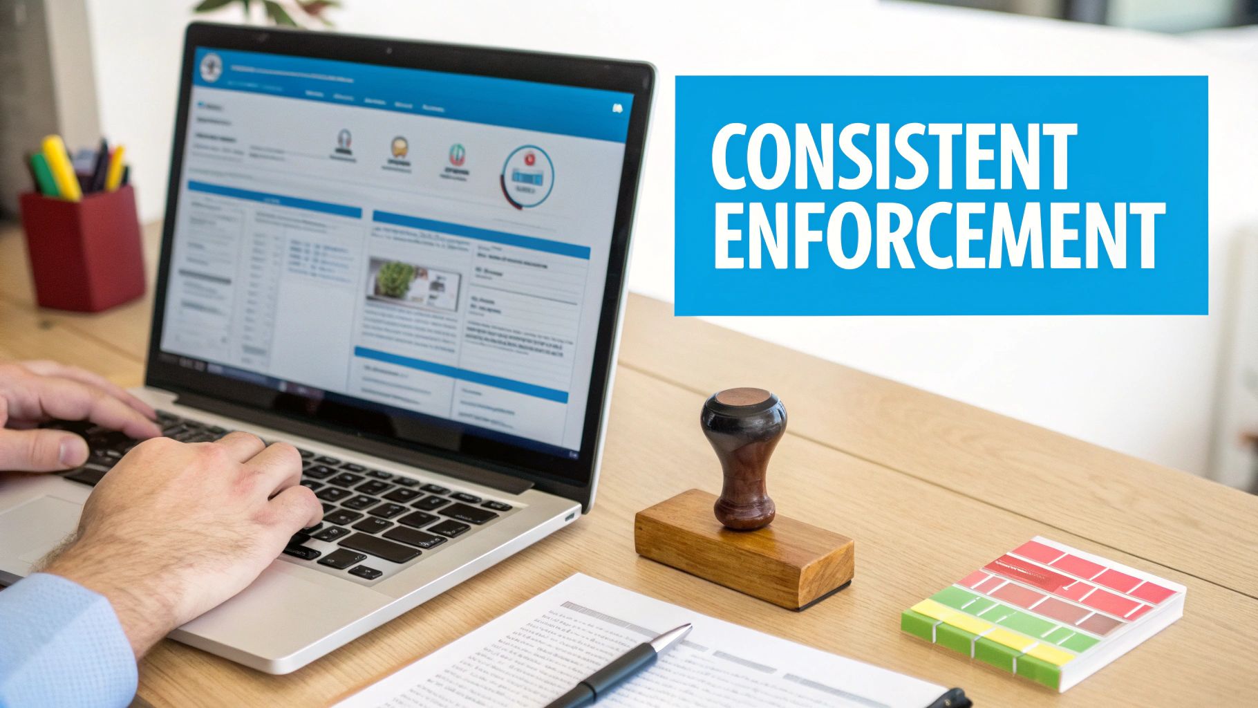 A property manager reviewing a lease violation notice on a clipboard.