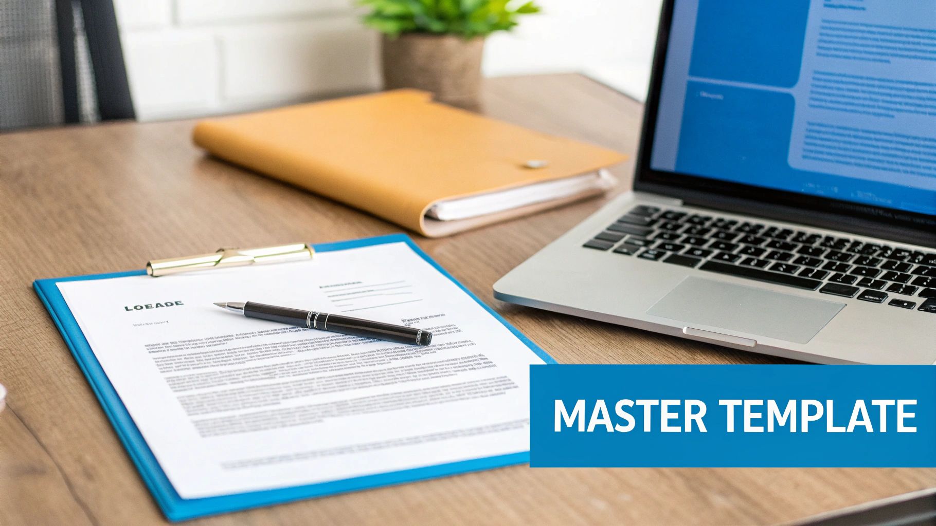 A person signing a legal document on a desk with a laptop and plant nearby.