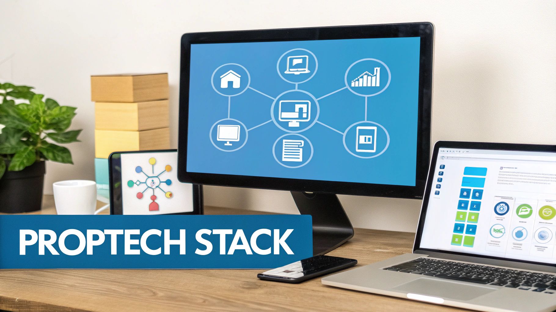 A diagram showing different property management software icons connecting to a central hub, representing an integrated PropTech stack.