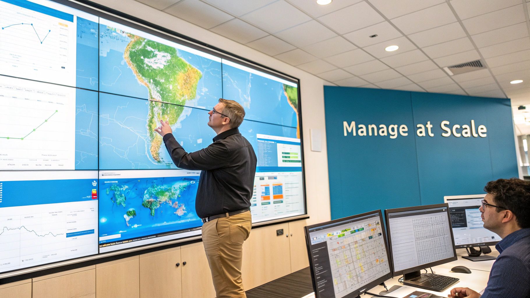 A property manager reviewing data on a tablet with a modern apartment building in the background.