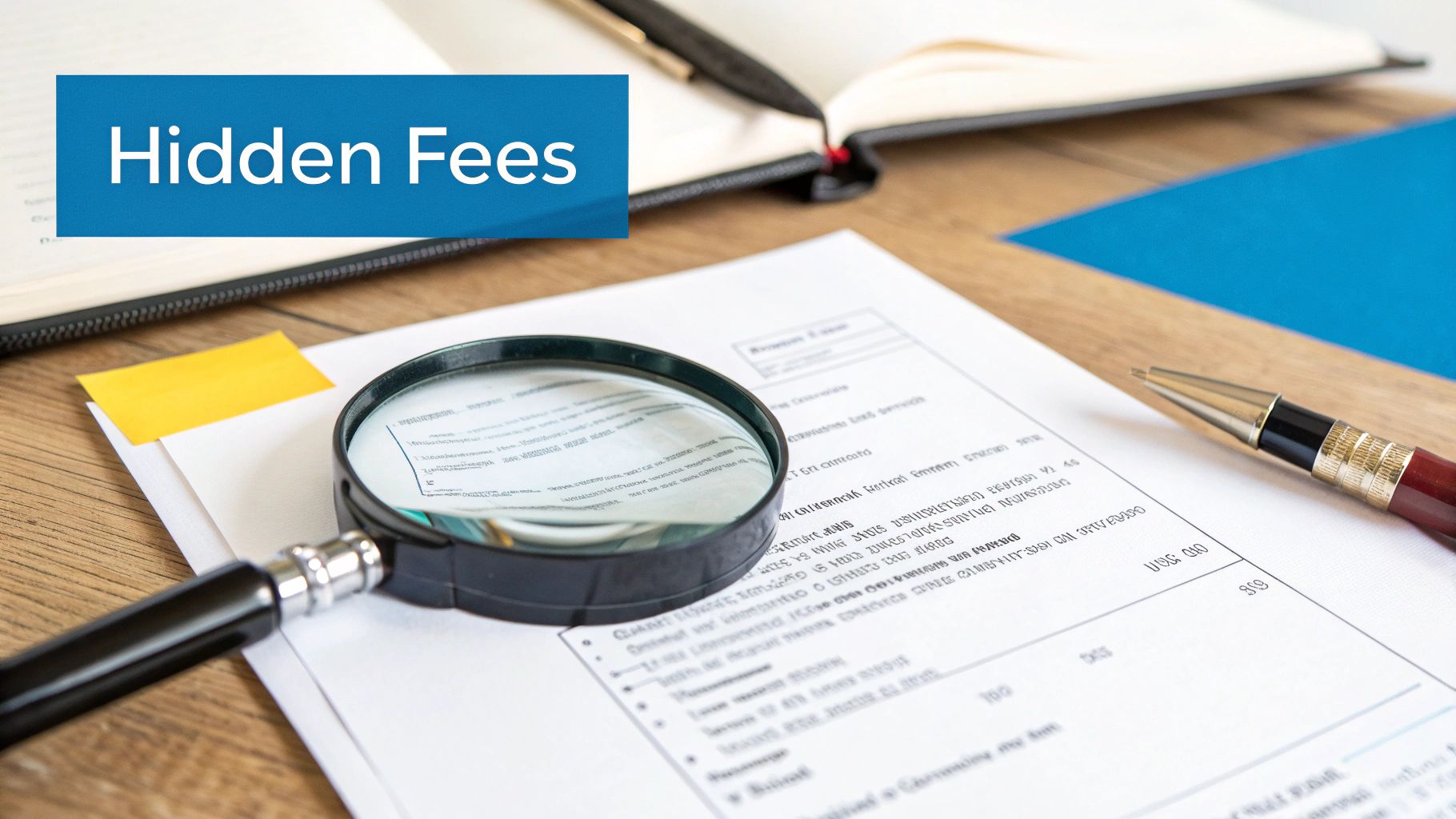 Magnifying glass over a rental contract, highlighting the fine print and hidden fees.