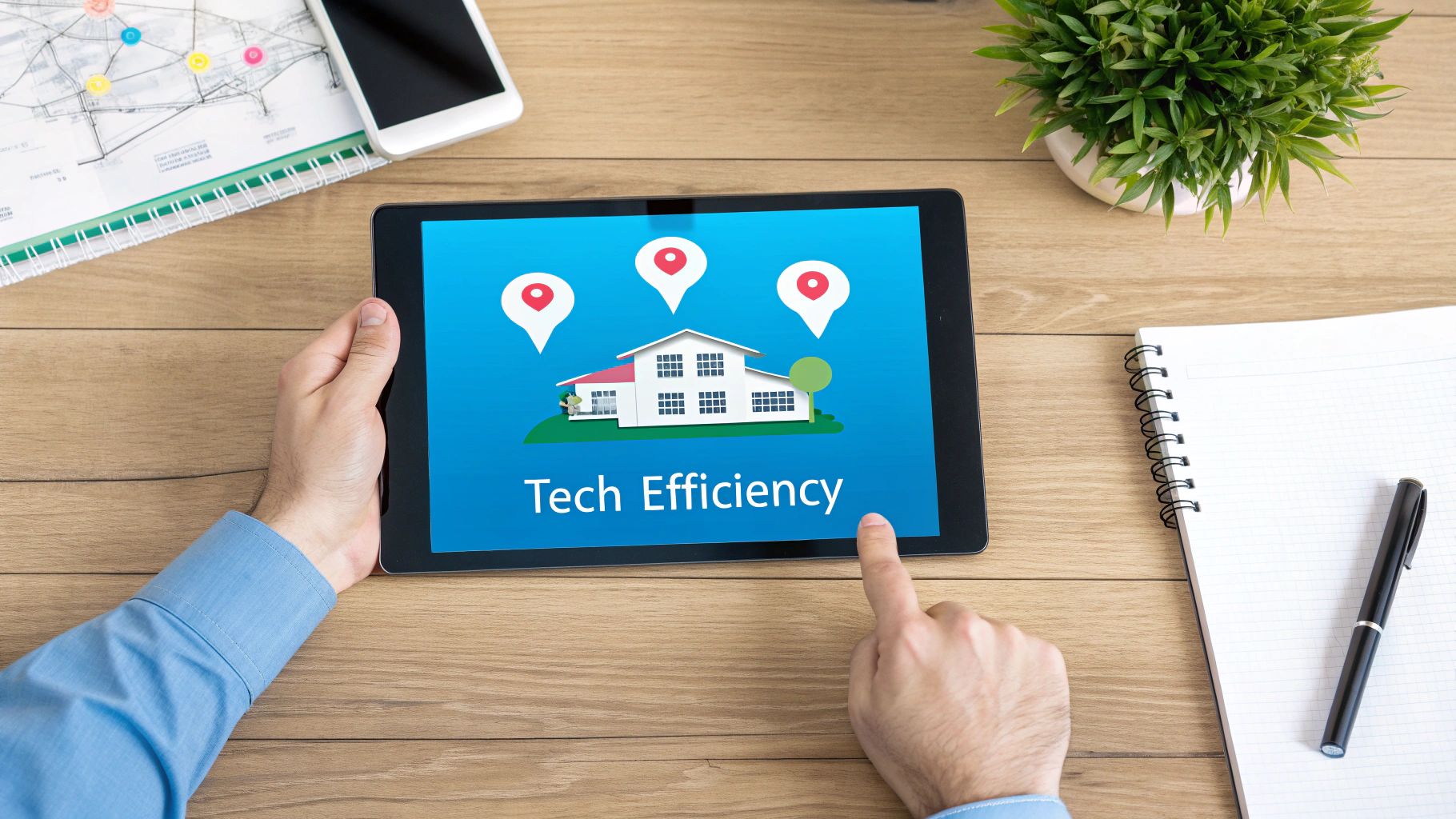 Woman using a laptop to manage properties, with data overlays showing efficiency metrics.