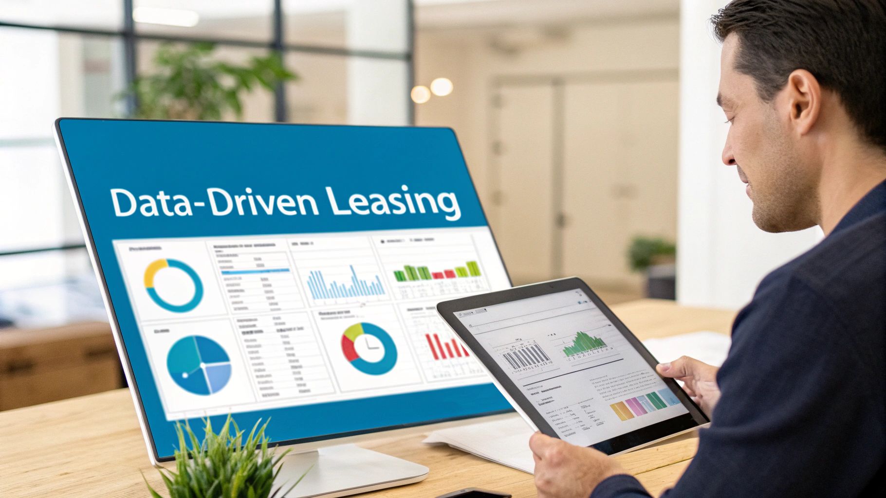 A property manager analyzing marketing data on a laptop in a modern office setting, illustrating the new data-driven rules for enterprise portfolio marketing.