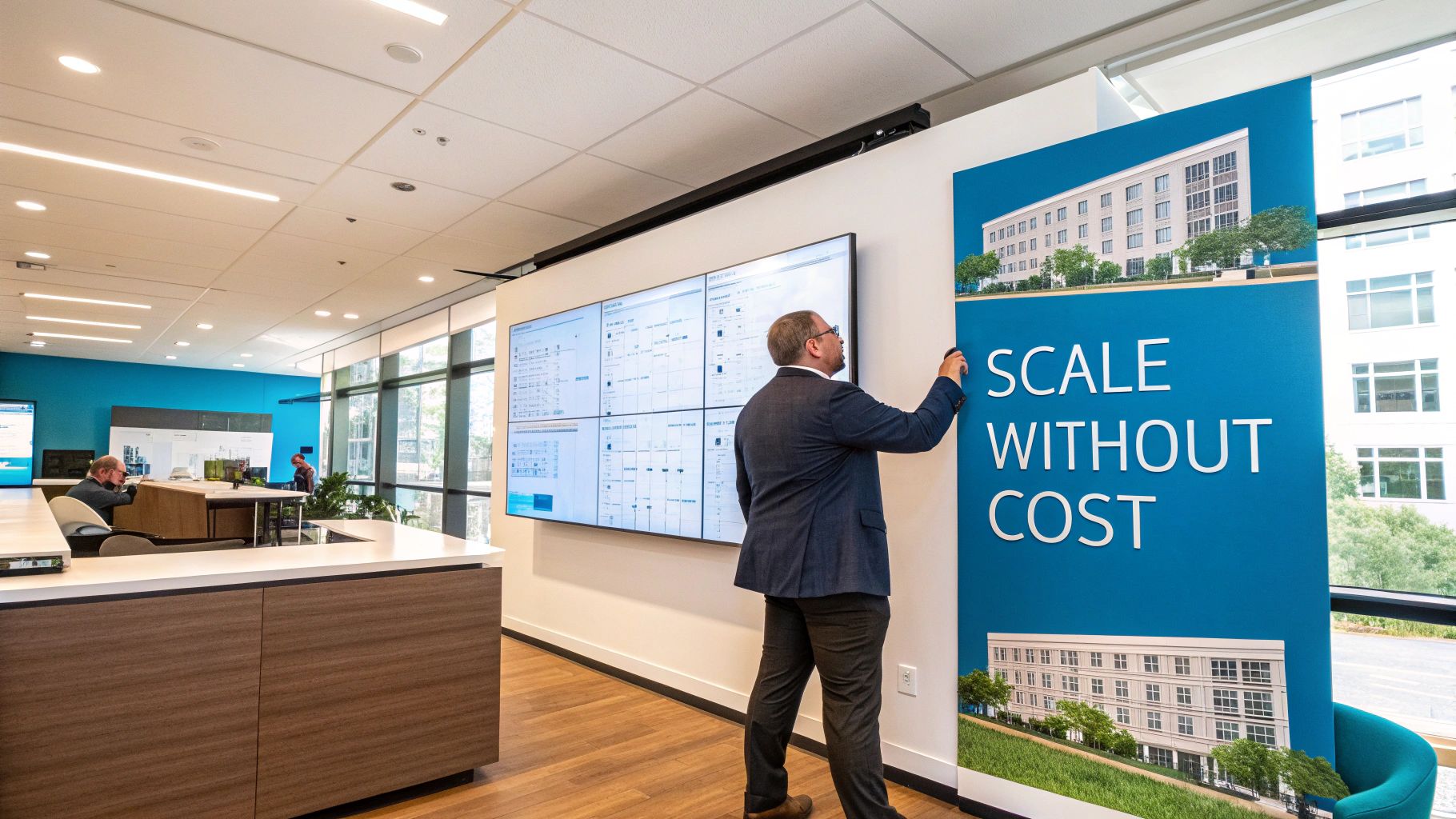 A property manager analyzing data on a tablet with a city skyline in a background