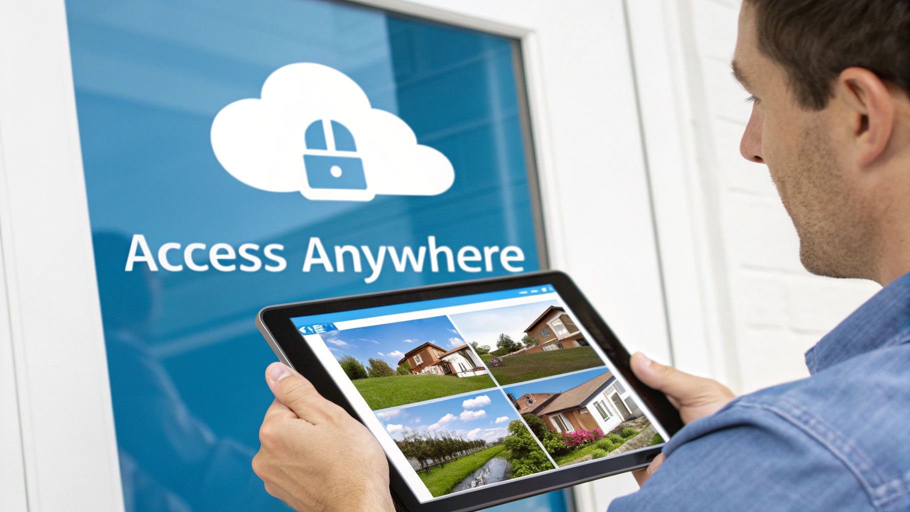 A person using a laptop and phone to manage property data in the cloud.