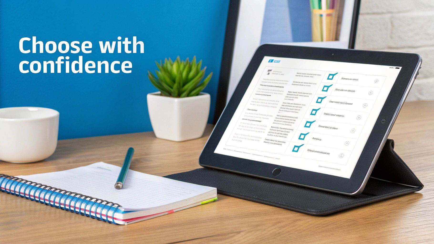 A person making a decision by comparing options on a checklist.