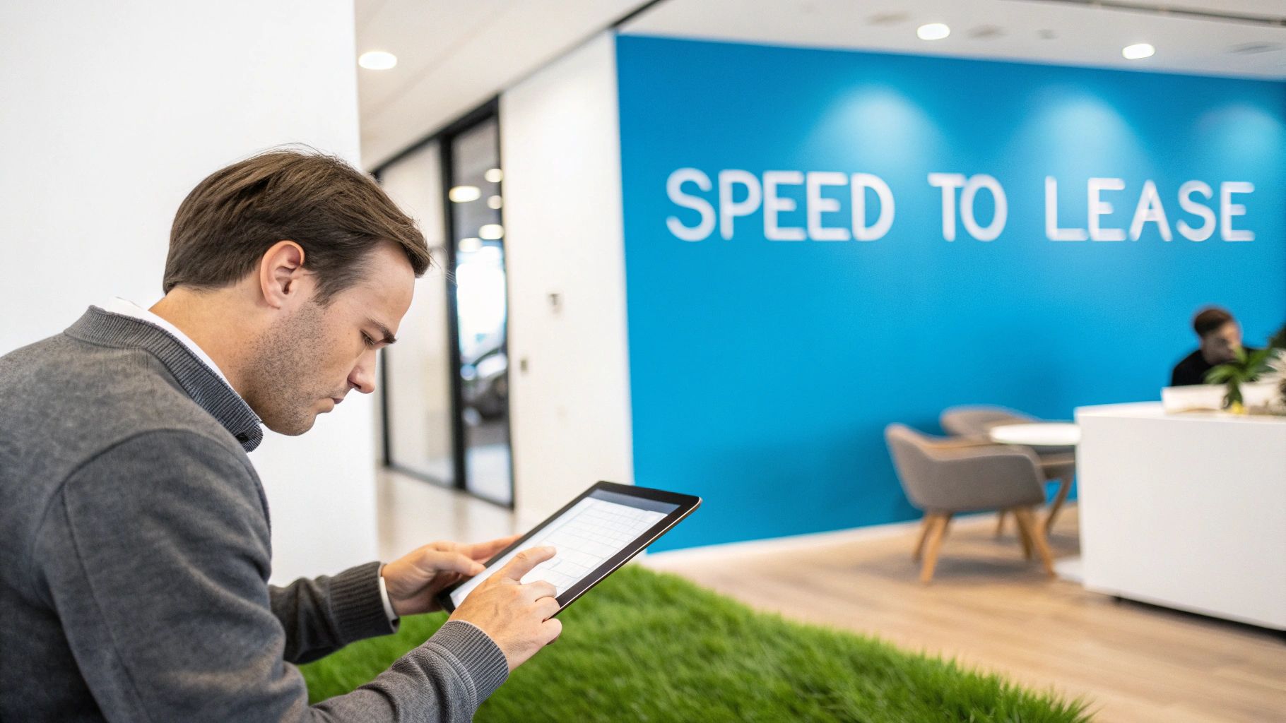 A property manager reviewing a tenant application on a tablet.